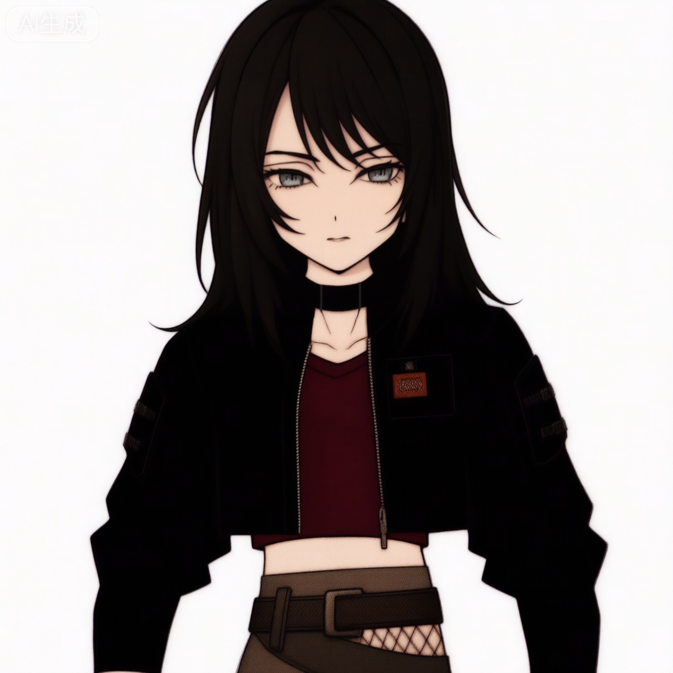 masterpiece, best quality,solo,white background,simple_background,Yahata Umiri,cybersaki_style,black hair,long hair,blue eyes,bangs,swept bangs,skirt,jewelry,jacket,earrings,choker,black jacket,red shirt,leather,leather jacket,navel,cropped jacket,android,joints,robot joints,boots,belt,black footwear,grey skirt,pencil skirt,fishnets