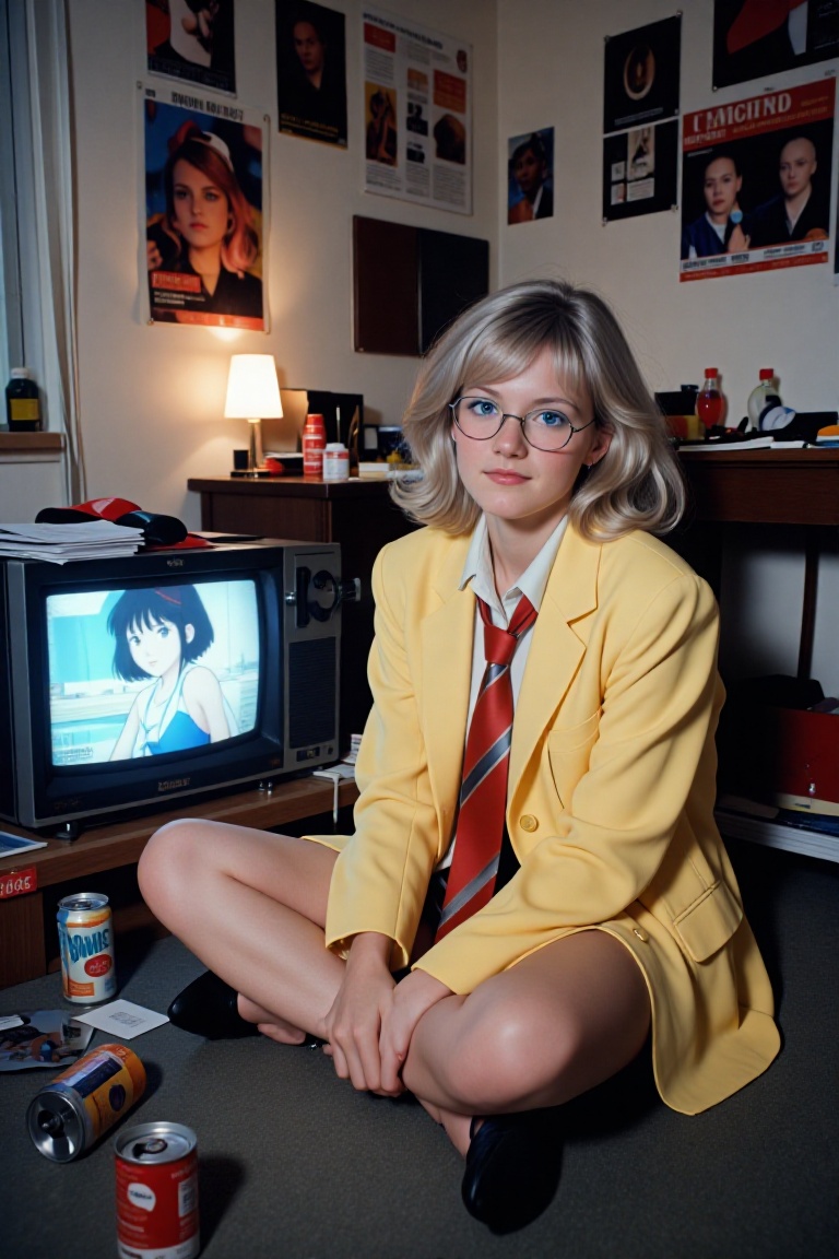 A flat-flash photograph of lii_g1rl sitting cross-legged on a carpeted floor in a messy bedroom. She is wearing round wire...