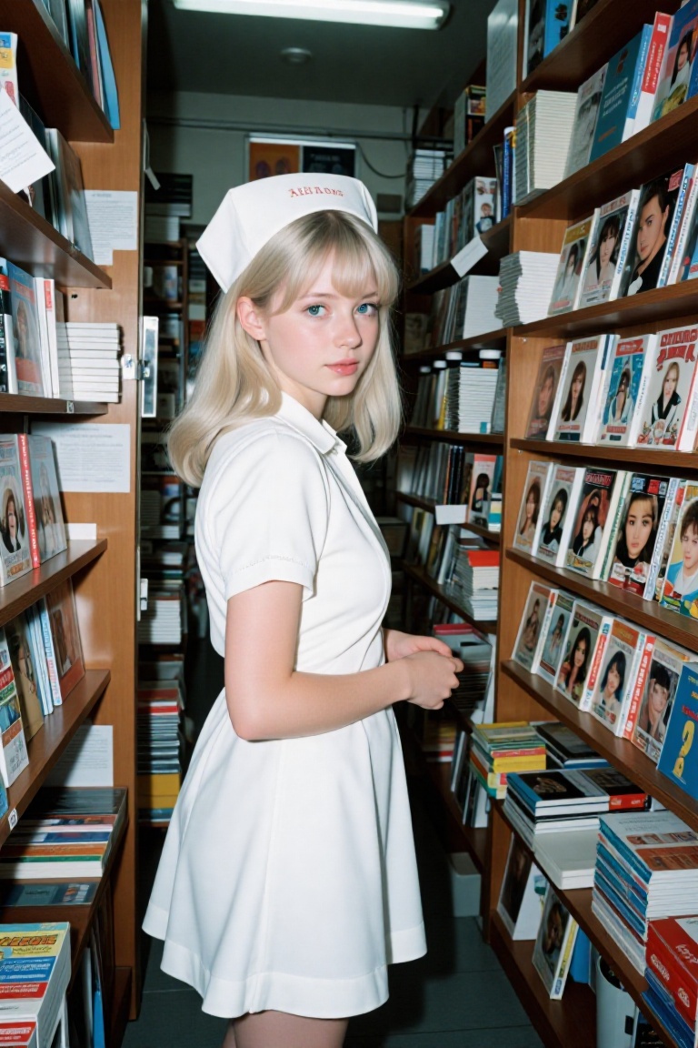 A high-grain analog shot of lii_g1rl standing in a narrow,  crowded bookstore aisle. She is wearing a white short-sleeved...