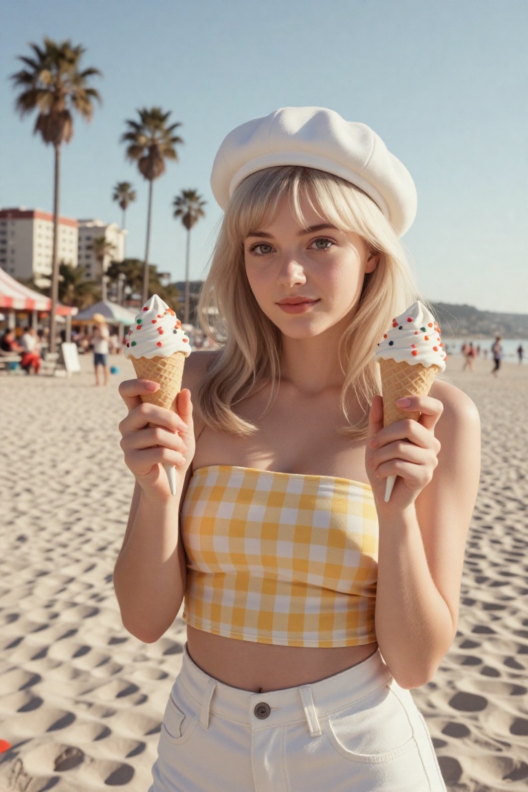 lii_g1rl holding two ice cream cones with colorful sprinkles in both hands,  looking towards the camera with a slight smil...