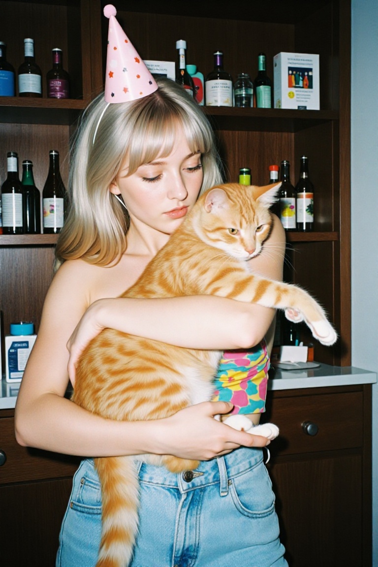 lii_g1rl holding a large orange tabby cat in her arms,  looking down at the cat. She is wearing a colorful floral bandeau...