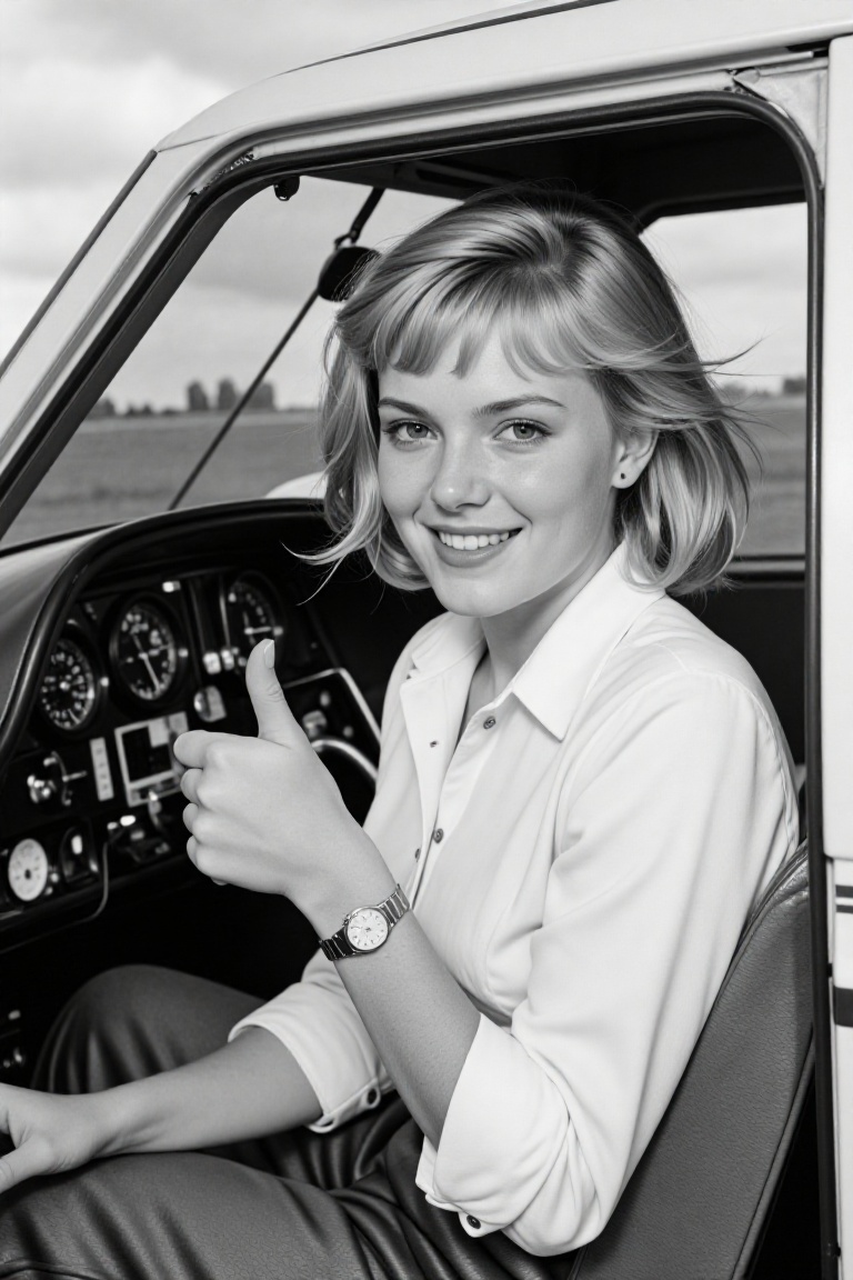 A monochrome 1940s-style historical photograph of lii_g1rl sitting in the cockpit of a plane. She is smiling at the camera...