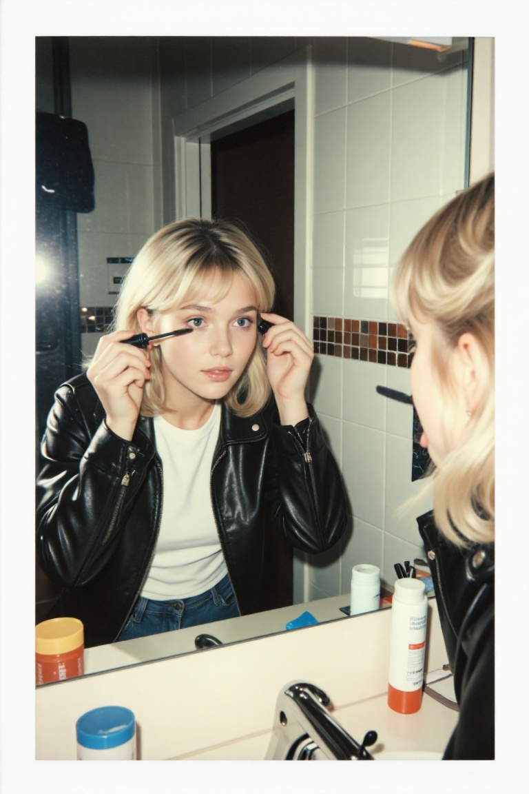 A raw,  candid 90s snapshot of lii_g1rl looking into a tiled bathroom mirror while applying mascara. Her reflection is cle...