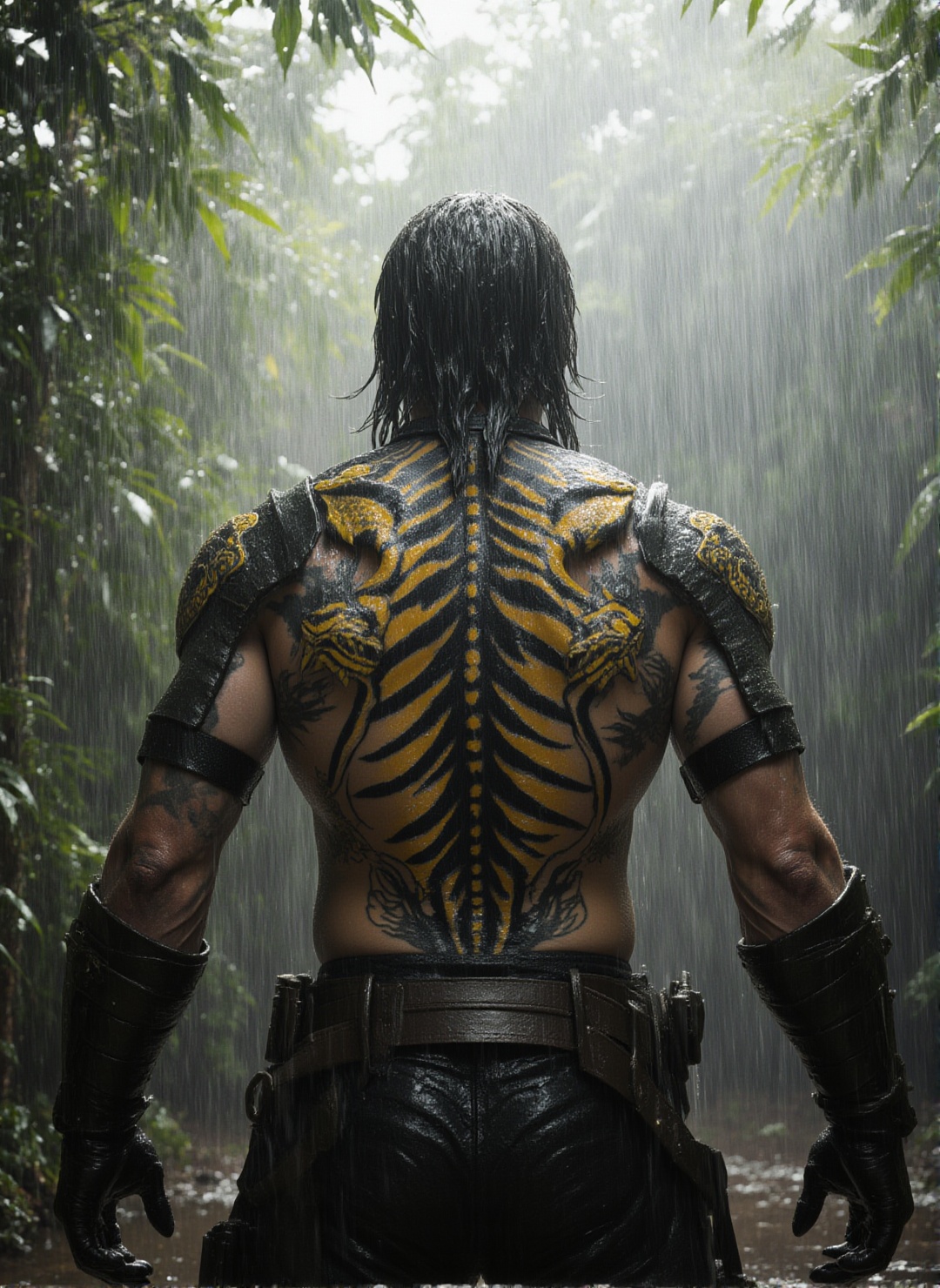 A gritty,  professional shot of a mercenary warrior in a tropical storm. His Tiger (Tora) Irezumi has manifested as 3D car...