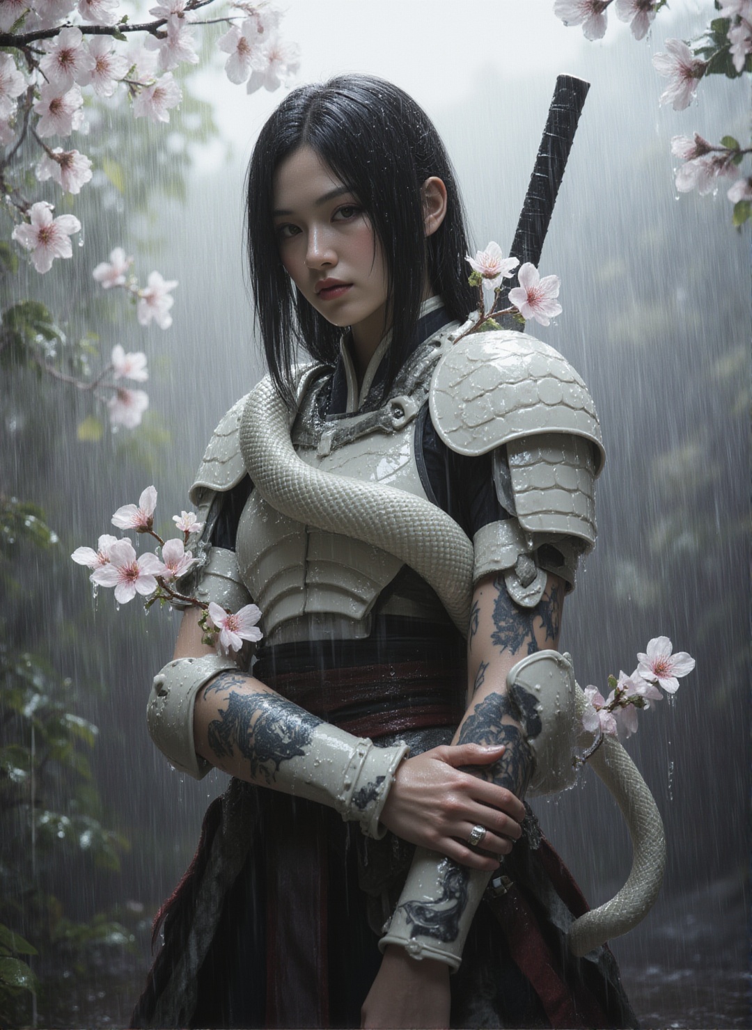 The Concept: The sleekness of a snake enhanced by the rain. The Prompt: A stunning portrait of a Shinobi in a light drizzl...