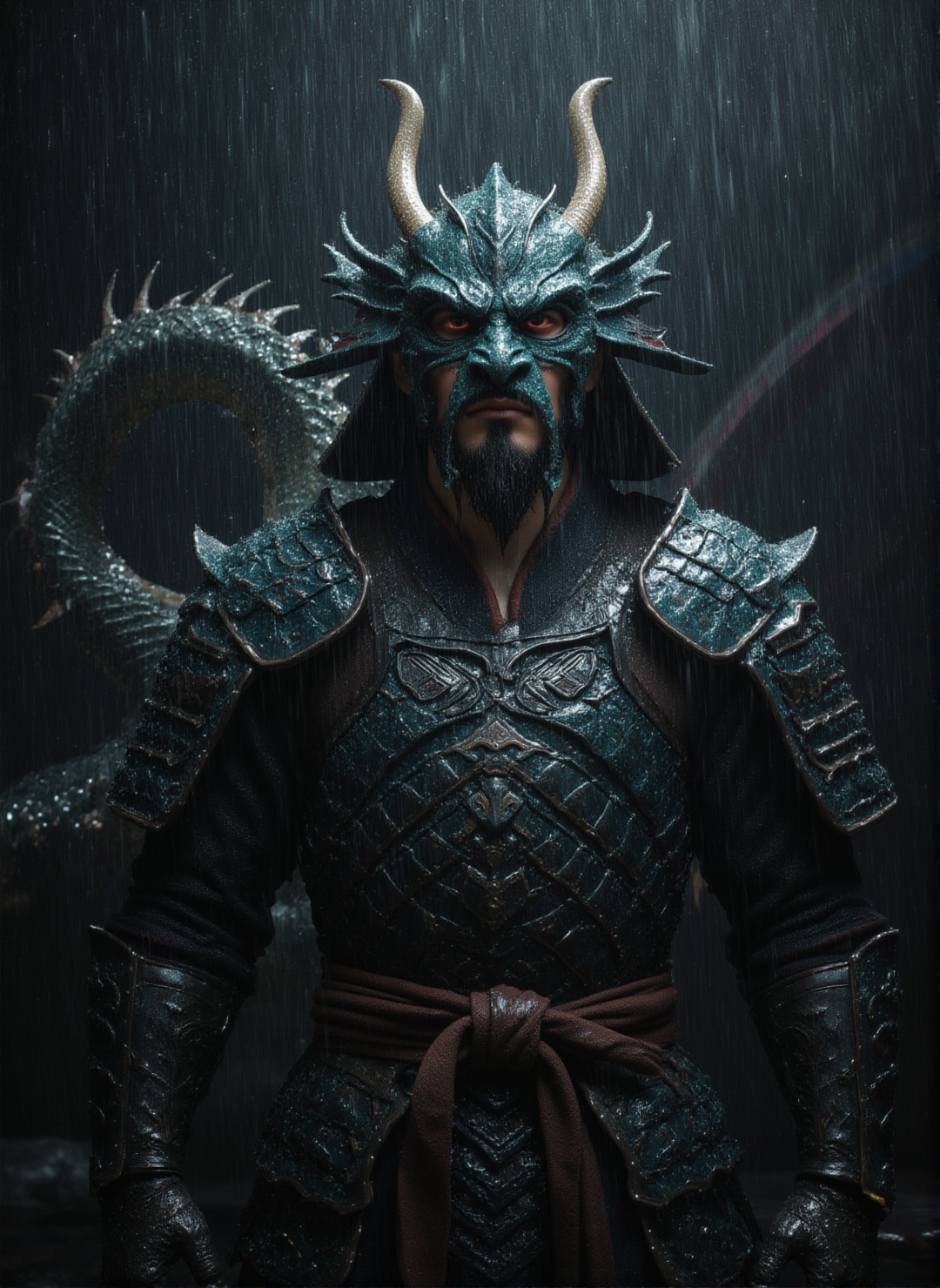 A cinematic masterpiece of a Samurai standing in a torrential midnight downpour. An Azure Dragon (Ryu) is physically poppi...