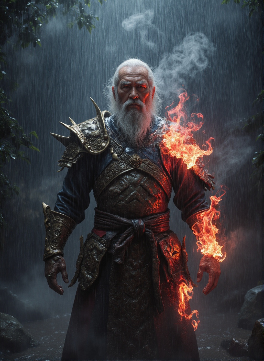 The Concept: The heat of the 3D fire-ink turning the rain into steam. The Prompt: A powerful image of an Elderly Master st...