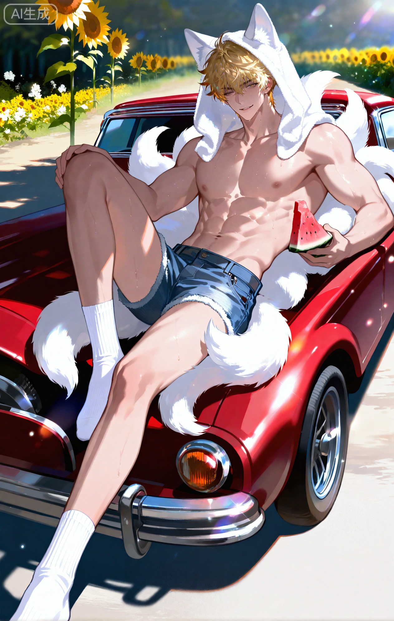 (artist:mazjojo:0.83),(artist:pigeon666:0.67),(artist:zawar379:0.77),(artist:remsrar:0.65),(artist:yoneyama mai:0.74),(artist:chimmyming:0.72),masterpiece,4k,hd,HDR,amazing quality,best quality,high resolution,goldenfieldszho,newest,very aesthetic,ultra-detailed,absurdres,perfect lighting,volumetric lighting,(bright, harsh sunlight of a summer day),shadowing,(good shadowing),depth of field,scenery,amazing aesthetics,cinematic lighting,cinematic,shading,(good shading),counter shading,subsurface scattering,intricate details,illustration,perfect hands,1boy,handsome,interesting,male focus,bara,sexy,solo,wiping sweat from his brow with his arm,
(a bright, energetic smile:1.4),(squinting slightly against the sun:1.2),
muscular male,abs,large pectorals,sweaty,
wearing (a white **** top:1.3), (denim shorts:1.4), (white ankle socks:1.4),(a baseball cap worn backwards:1.2),(nine fluffy white fox tails, spread out on the car hood:1.5),
(sitting on the hood of a vintage red car, holding a slice of watermelon:1.5),(taking a big bite of the watermelon:1.3),
background: a country road,sunflower field in the distance,backlit,dynamic pose,dynamic angle,detailed background,full body,bishounen,tall male,close-up,(soft color images:1.4),light particles,lens flare



Small note art style,,xiaozhitiao,yu xuan,multicolored hair,White dragon tail,White dragon horns,yellow eyes,white hair,blonde hair,1boy,bangs
,socks,white socks,dianmei