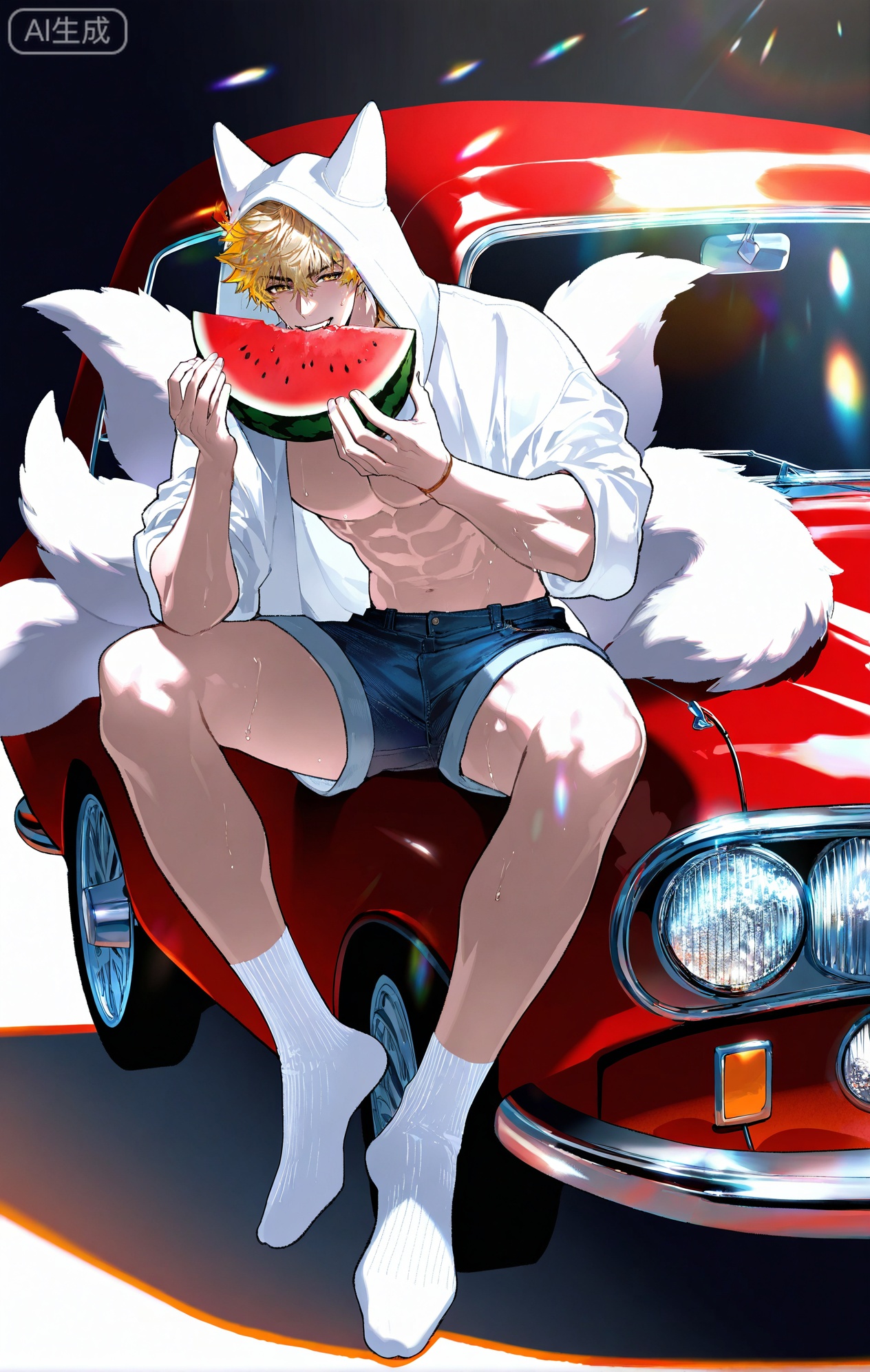 (artist:mazjojo:0.83),(artist:pigeon666:0.67),(artist:zawar379:0.77),(artist:remsrar:0.65),(artist:yoneyama mai:0.74),(artist:chimmyming:0.72),masterpiece,4k,hd,HDR,amazing quality,best quality,high resolution,goldenfieldszho,newest,very aesthetic,ultra-detailed,absurdres,perfect lighting,volumetric lighting,(bright, harsh sunlight of a summer day),shadowing,(good shadowing),depth of field,scenery,amazing aesthetics,cinematic lighting,cinematic,shading,(good shading),counter shading,subsurface scattering,intricate details,illustration,perfect hands,1boy,handsome,interesting,male focus,bara,sexy,solo,wiping sweat from his brow with his arm,
(a bright, energetic smile:1.4),(squinting slightly against the sun:1.2),
muscular male,abs,large pectorals,sweaty,
wearing (a white **** top:1.3), (denim shorts:1.4), (white ankle socks:1.4),(a baseball cap worn backwards:1.2),(nine fluffy white fox tails, spread out on the car hood:1.5),
(sitting on the hood of a vintage red car, holding a slice of watermelon:1.5),(taking a big bite of the watermelon:1.3),
background: a country road,sunflower field in the distance,backlit,dynamic pose,dynamic angle,detailed background,full body,bishounen,tall male,close-up,(soft color images:1.4),light particles,lens flare



Small note art style,,xiaozhitiao,yu xuan,multicolored hair,White dragon tail,White dragon horns,yellow eyes,white hair,blonde hair,1boy,bangs
,socks,white socks,dianmei