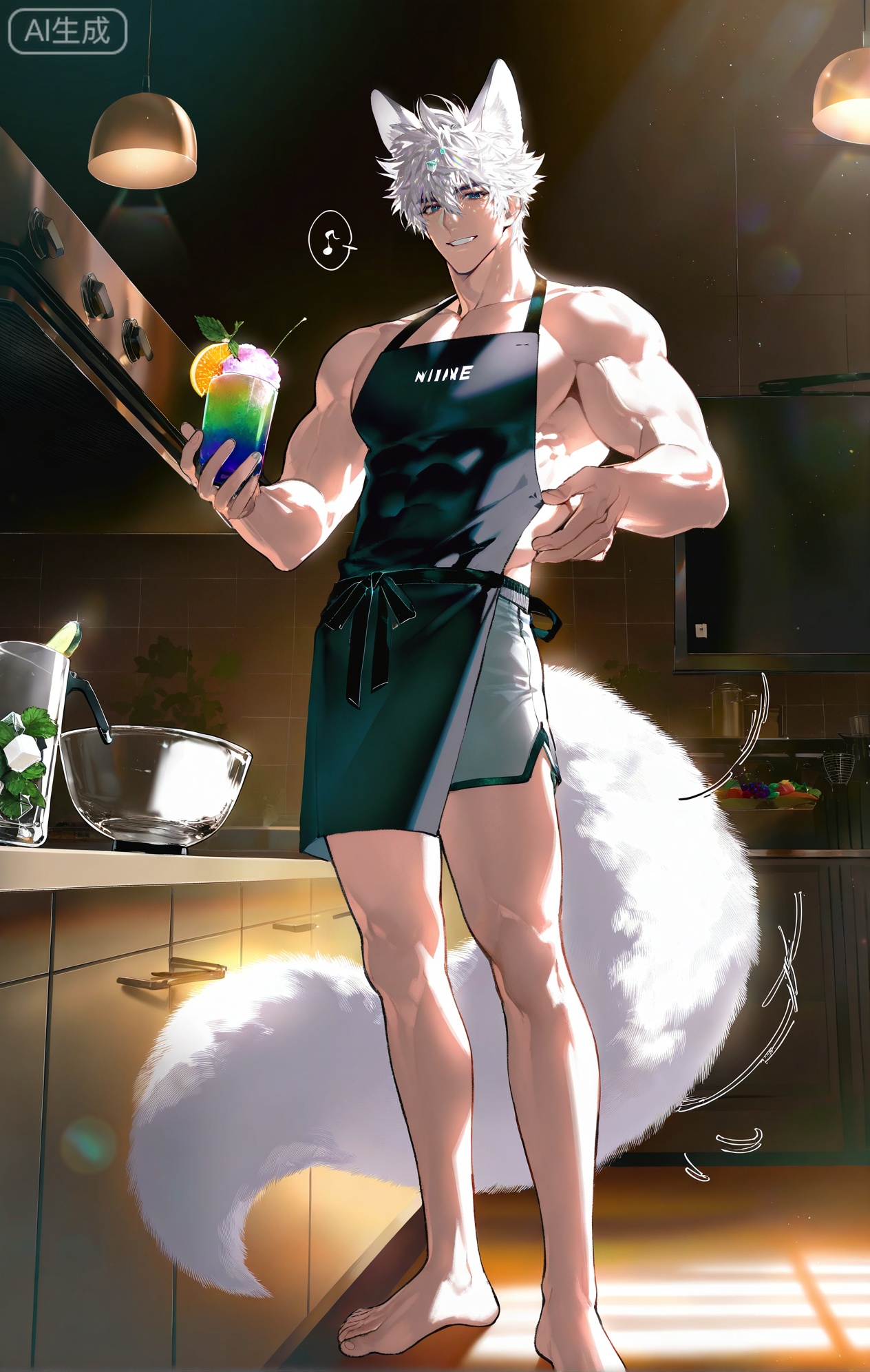 (artist:mazjojo:0.83),(artist:pigeon666:0.67),(artist:zawar379:0.77),(artist:remsrar:0.65),(artist:yoneyama mai:0.74),(artist:chimmyming:0.72),masterpiece,4k,hd,HDR,amazing quality,best quality,high resolution,goldenfieldszho,newest,very aesthetic,ultra-detailed,absurdres,perfect lighting,volumetric lighting,(bright, sunny kitchen lighting),shadowing,(good shadowing),depth of field,scenery,amazing aesthetics,cinematic lighting,cinematic,shading,(good shading),counter shading,subsurface scattering,intricate details,illustration,perfect hands,1boy,handsome,interesting,male focus,bara,sexy,solo,focused on his task,
(a content, happy smile as he works:1.4),(humming a tune:1.2),
muscular male,abs,large pectorals,
wearing (a simple apron over a **** top and shorts:1.5),(nine fluffy white fox tails, wagging slightly as he concentrates:1.5),
(standing at a kitchen counter, dropping ice cubes into a tall glass:1.5),(a blender filled with fruit smoothie nearby:1.3),
background: modern kitchen,bowls of fresh fruit (lemons, mint, berries),sunlight,backlit,dynamic pose,dynamic angle,detailed background,full body,bishounen,tall male,close-up,(soft color images:1.3),light particles,lens flare



,,xiaozhitiao