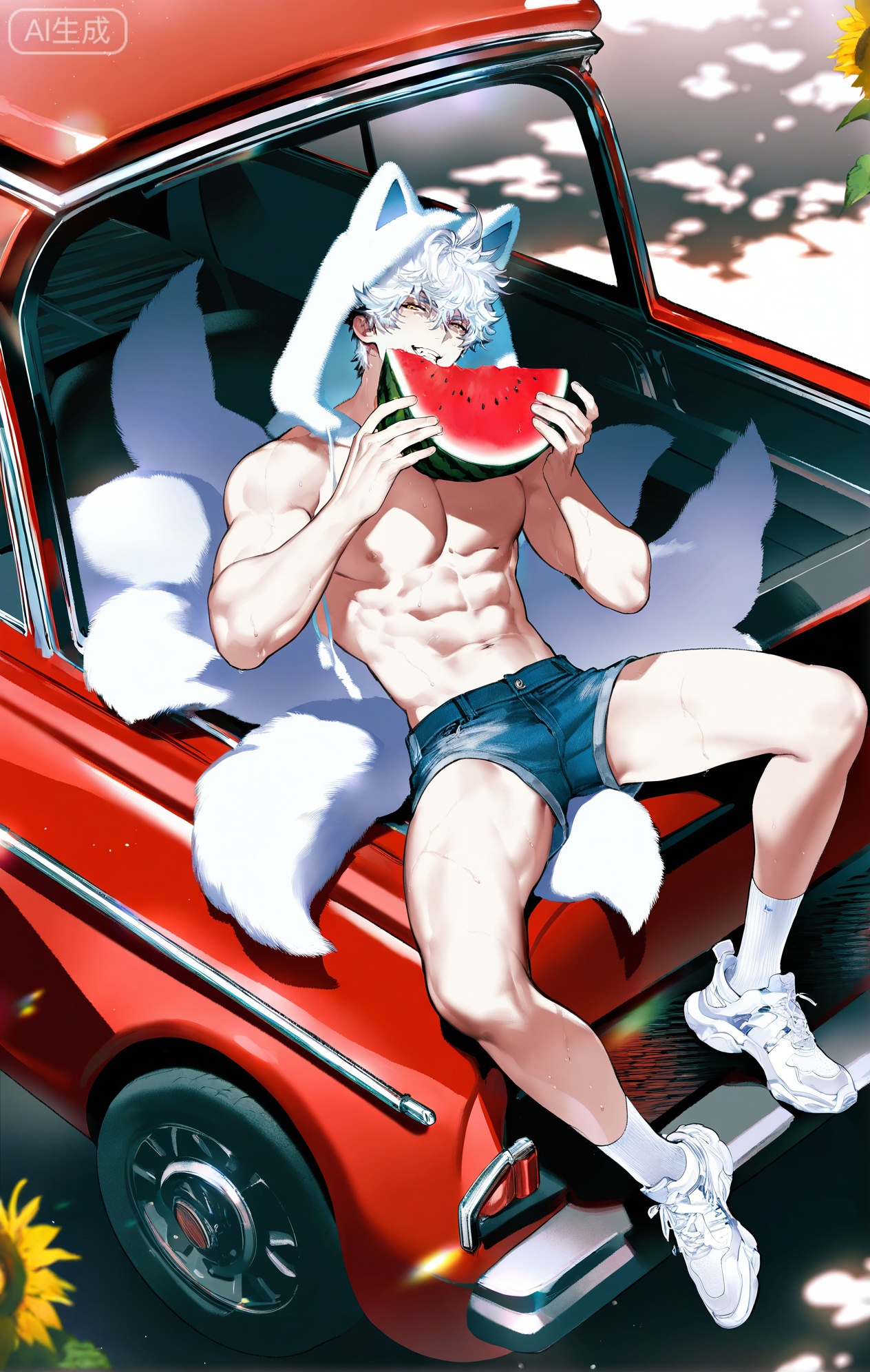 (artist:mazjojo:0.83),(artist:pigeon666:0.67),(artist:zawar379:0.77),(artist:remsrar:0.65),(artist:yoneyama mai:0.74),(artist:chimmyming:0.72),masterpiece,4k,hd,HDR,amazing quality,best quality,high resolution,goldenfieldszho,newest,very aesthetic,ultra-detailed,absurdres,perfect lighting,volumetric lighting,(bright, harsh sunlight of a summer day),shadowing,(good shadowing),depth of field,scenery,amazing aesthetics,cinematic lighting,cinematic,shading,(good shading),counter shading,subsurface scattering,intricate details,illustration,perfect hands,1boy,handsome,interesting,male focus,bara,sexy,solo,wiping sweat from his brow with his arm,
(a bright, energetic smile:1.4),(squinting slightly against the sun:1.2),
muscular male,abs,large pectorals,sweaty,
wearing (a white **** top:1.3), (denim shorts:1.4), (white ankle socks:1.4),(a baseball cap worn backwards:1.2),(nine fluffy white fox tails, spread out on the car hood:1.5),
(sitting on the hood of a vintage red car, holding a slice of watermelon:1.5),(taking a big bite of the watermelon:1.3),
background: a country road,sunflower field in the distance,backlit,dynamic pose,dynamic angle,detailed background,full body,bishounen,tall male,close-up,(soft color images:1.4),light particles,lens flare



Small note art style,,xiaozhitiao,yu xuan,multicolored hair,White dragon tail,White dragon horns,yellow eyes,white hair,blonde hair,1boy,bangs
,socks,white socks,dianmei