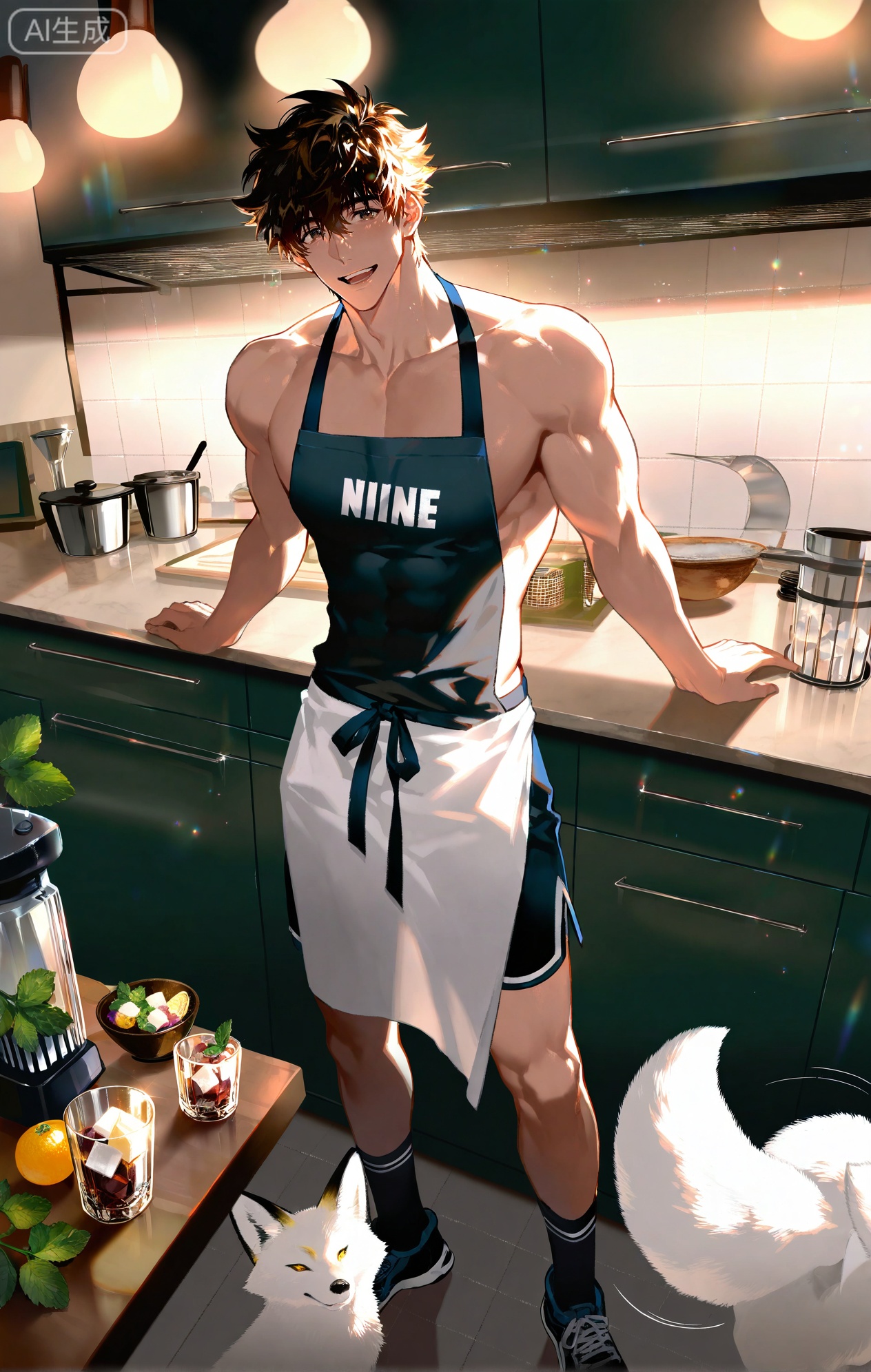 (artist:mazjojo:0.83),(artist:pigeon666:0.67),(artist:zawar379:0.77),(artist:remsrar:0.65),(artist:yoneyama mai:0.74),(artist:chimmyming:0.72),masterpiece,4k,hd,HDR,amazing quality,best quality,high resolution,goldenfieldszho,newest,very aesthetic,ultra-detailed,absurdres,perfect lighting,volumetric lighting,(bright, sunny kitchen lighting),shadowing,(good shadowing),depth of field,scenery,amazing aesthetics,cinematic lighting,cinematic,shading,(good shading),counter shading,subsurface scattering,intricate details,illustration,perfect hands,1boy,handsome,interesting,male focus,bara,sexy,solo,focused on his task,
(a content, happy smile as he works:1.4),(humming a tune:1.2),
muscular male,abs,large pectorals,
wearing (a simple apron over a **** top and shorts:1.5),(nine fluffy white fox tails, wagging slightly as he concentrates:1.5),
(standing at a kitchen counter, dropping ice cubes into a tall glass:1.5),(a blender filled with fruit smoothie nearby:1.3),
background: modern kitchen,bowls of fresh fruit (lemons, mint, berries),sunlight,backlit,dynamic pose,dynamic angle,detailed background,full body,bishounen,tall male,close-up,(soft color images:1.3),light particles,lens flare



,,xiaozhitiao