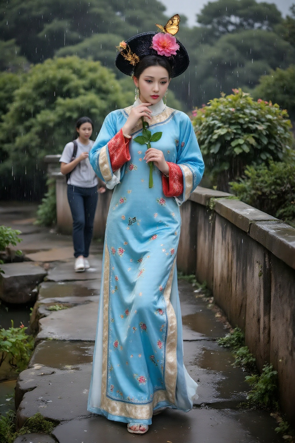 Top quality. Inspiration: Stone bridge,  rainy day. Image: Close-up: A woman in traditional Chinese clothing,  reflecting...