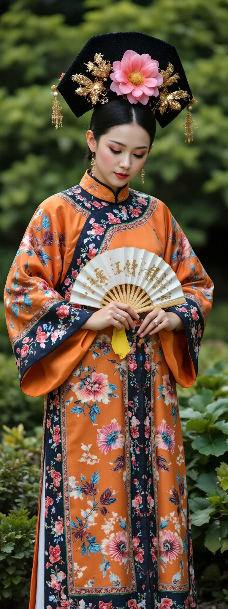 This photograph depicts a woman in traditional Chinese attire,  showcasing the style of a specific historical period. The...