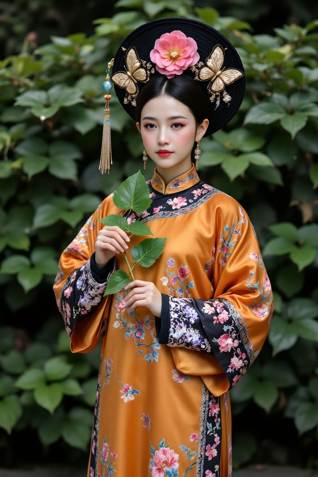 This photograph depicts a woman in traditional Chinese attire,  reflecting a historical or era-specific style. The subject...