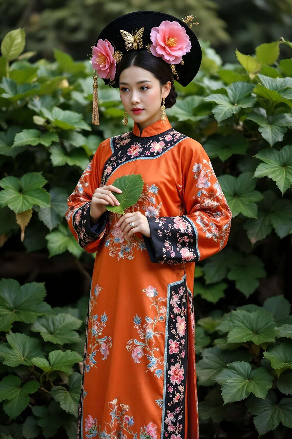 This photograph depicts a woman in traditional Chinese attire,  reflecting a historical or era-specific style. The subject...