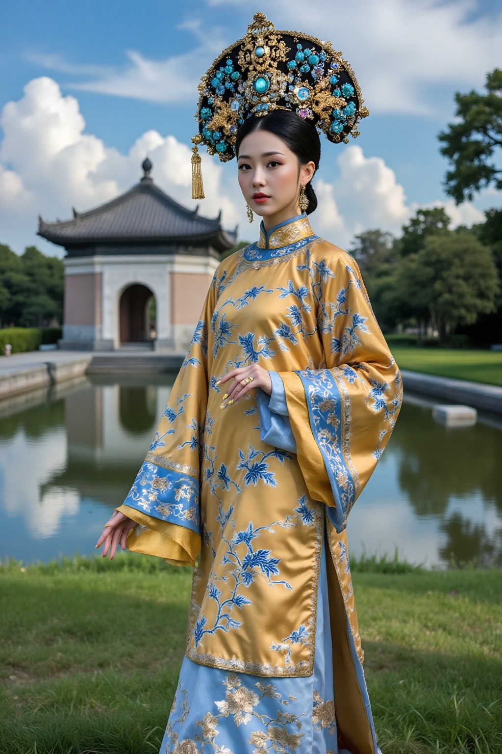 Top quality,  ranked number one. Inspiration: The Empress. Image content: Close-up: A young woman with black hair styled i...