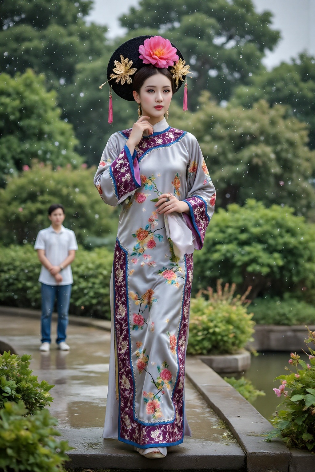 Top quality. Inspiration: Stone bridge,  rainy day. Image: Close-up: A woman in traditional Chinese clothing,  reflecting...