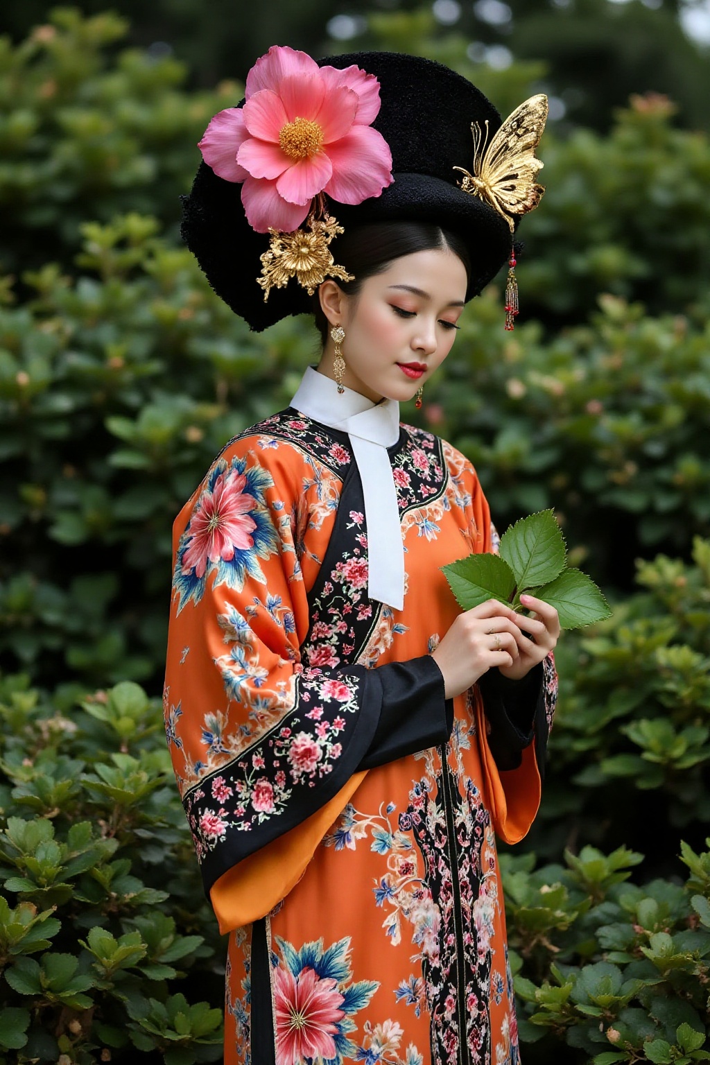 This photograph depicts a woman in traditional Chinese attire,  reflecting a historical or era-specific style. The subject...