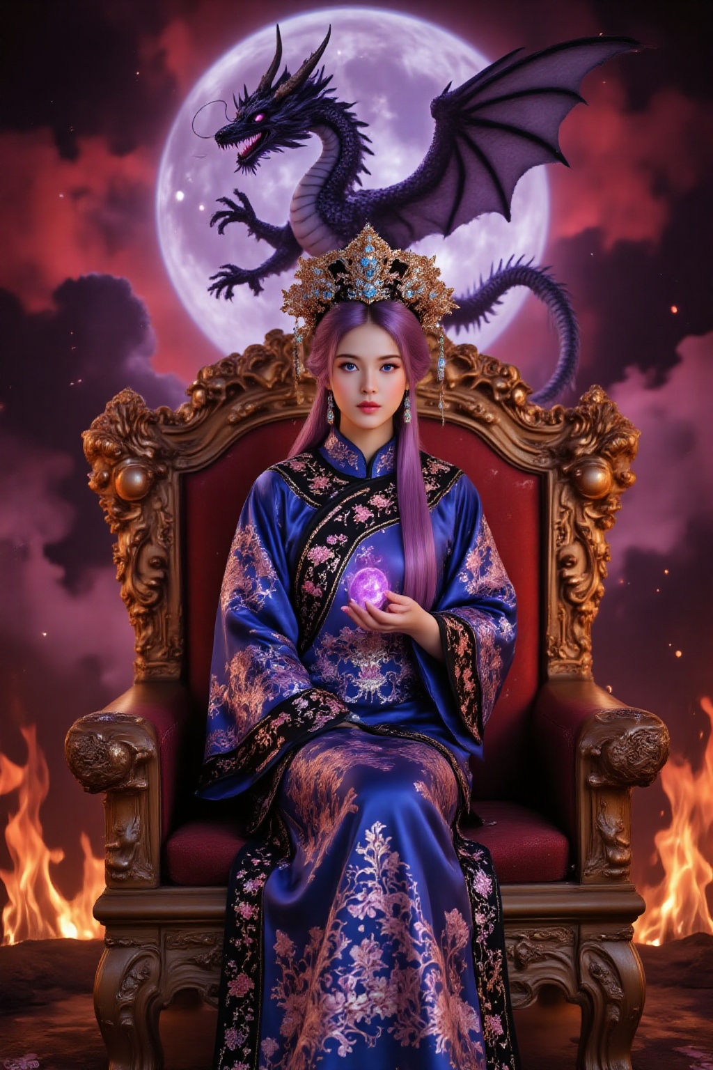 Top quality,  ranked number one. Inspiration: The Empress. Image content: Close-up: A young woman with long purple hair,...