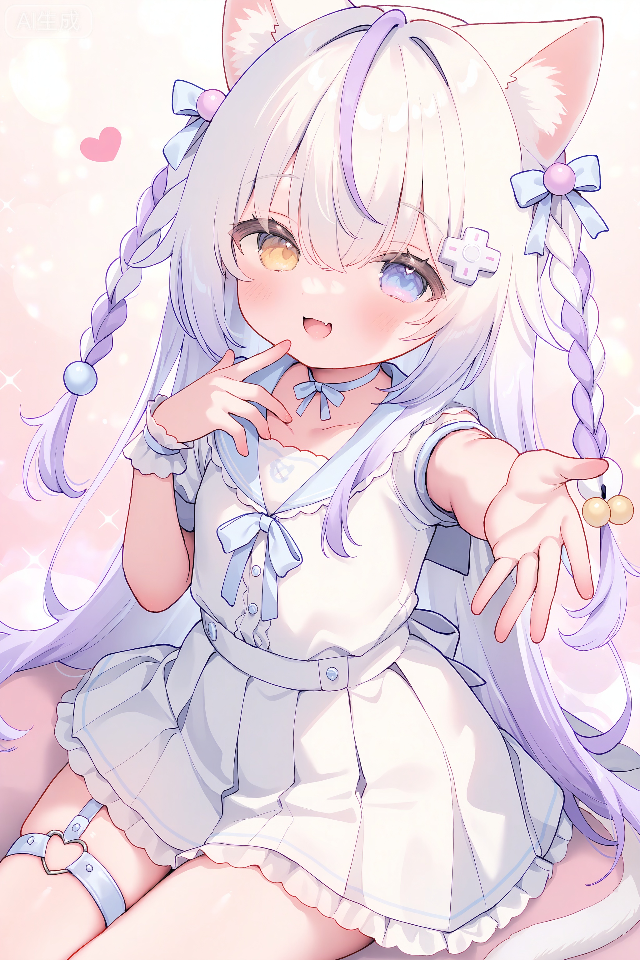 masterpiece,best quality,highly detailed,masterpiece,best quality,highly detailed,1girl,solo,loli,petite,cat ears,heterochromia,white hair,purple hair,braided hair,long hair,blush,smile,open mouth,animal ear fluff,fang,skirt,pleated skirt,frilled skirt,high-waist skirt,white shirt,sailor collar,neck ribbon,bow,ribbon,hair ribbon,garter straps,thigh strap,hair ornament,hair bobbles,wrist cuffs,frills,game controller hair ornament,d-pad hair ornament,buttons hair ornament,power cord,power plug,tail,mechanical tail,portrait,looking at viewer,hand up,reaching towards viewer,finger to mouth,sitting,upper body,from above,diagonal angle,thigh shot,pink background,heart background,patterned background,sparkles,nts_style,
