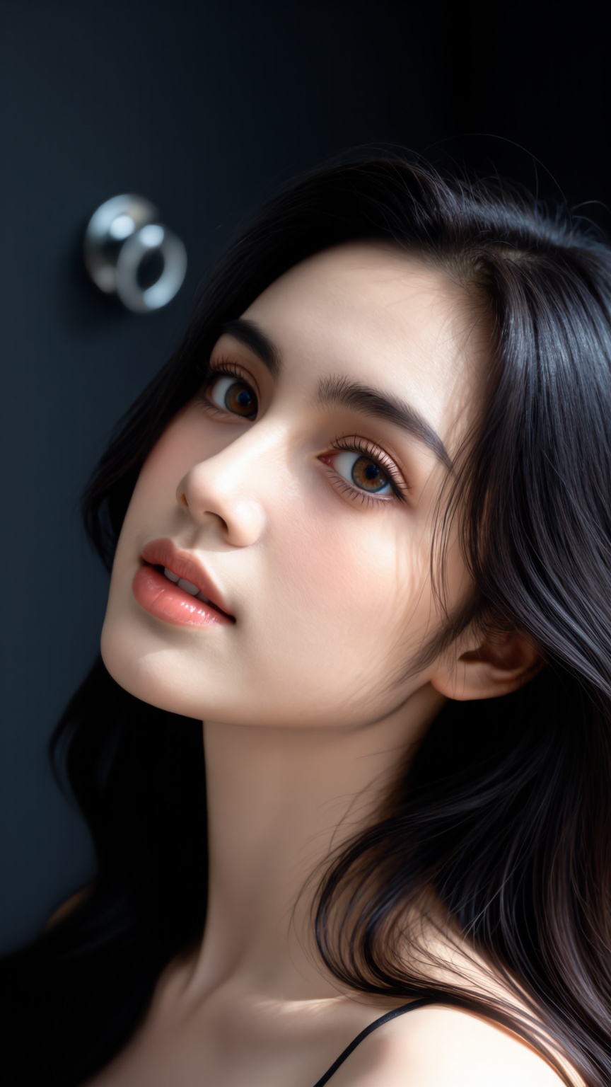 A young woman with strikingly vivid brown eyes-each iris detailed with concentric rings of cerulean and brown Citrine-is c...