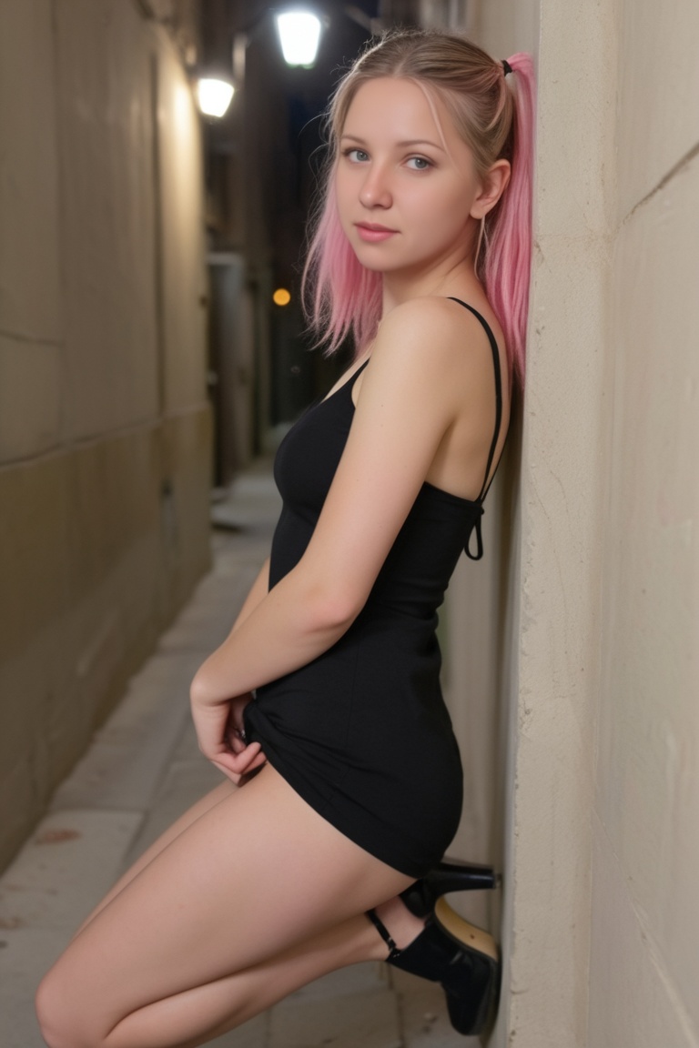 (((18 yo young petite girl leaning back against wall in alley))),  view from front,  solo girl on Tensor.Art