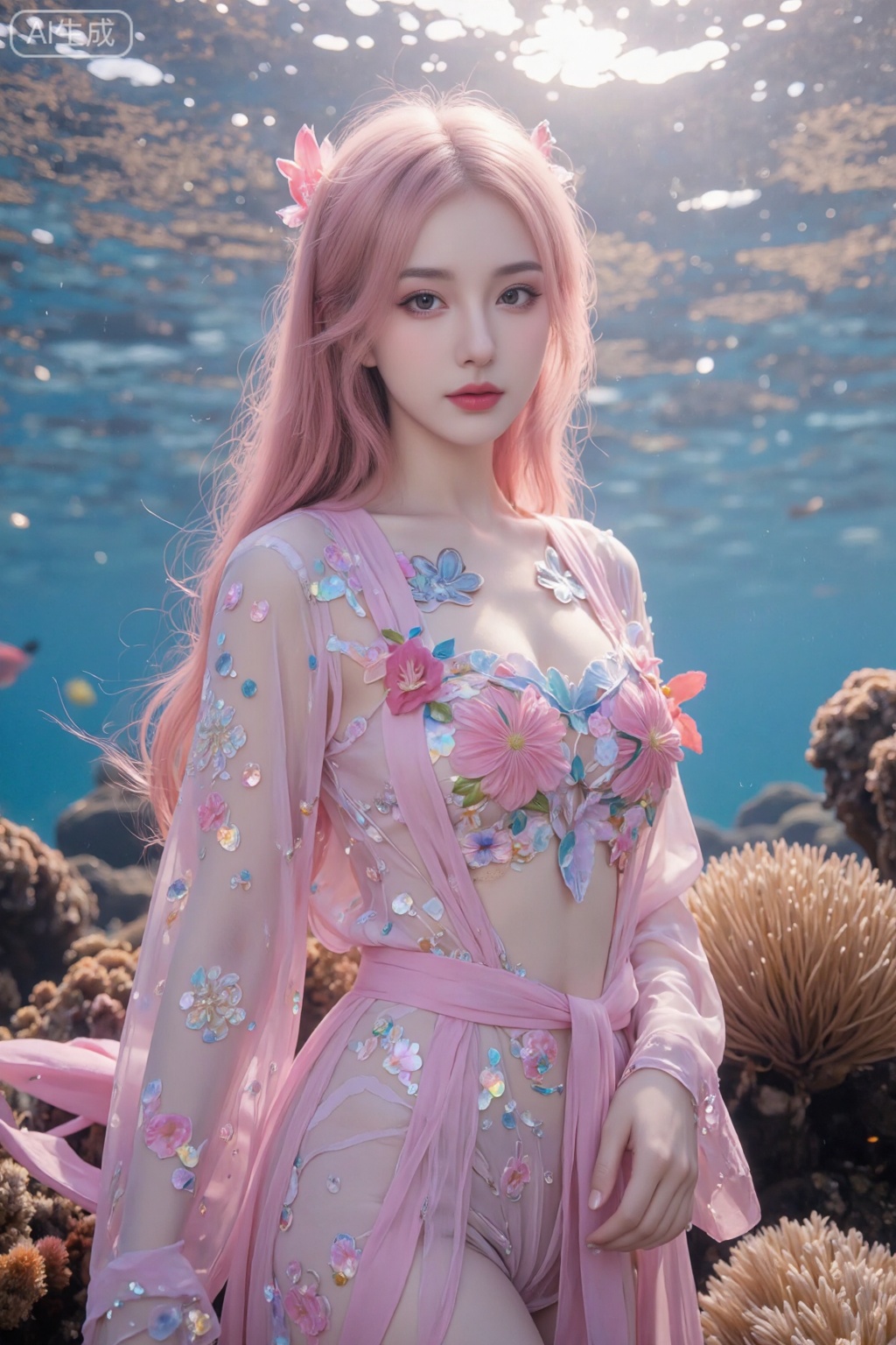 A mesmerizing underwater scene: a single girl stands majestically amidst the vibrant coral reef,  her long hair flowing li...