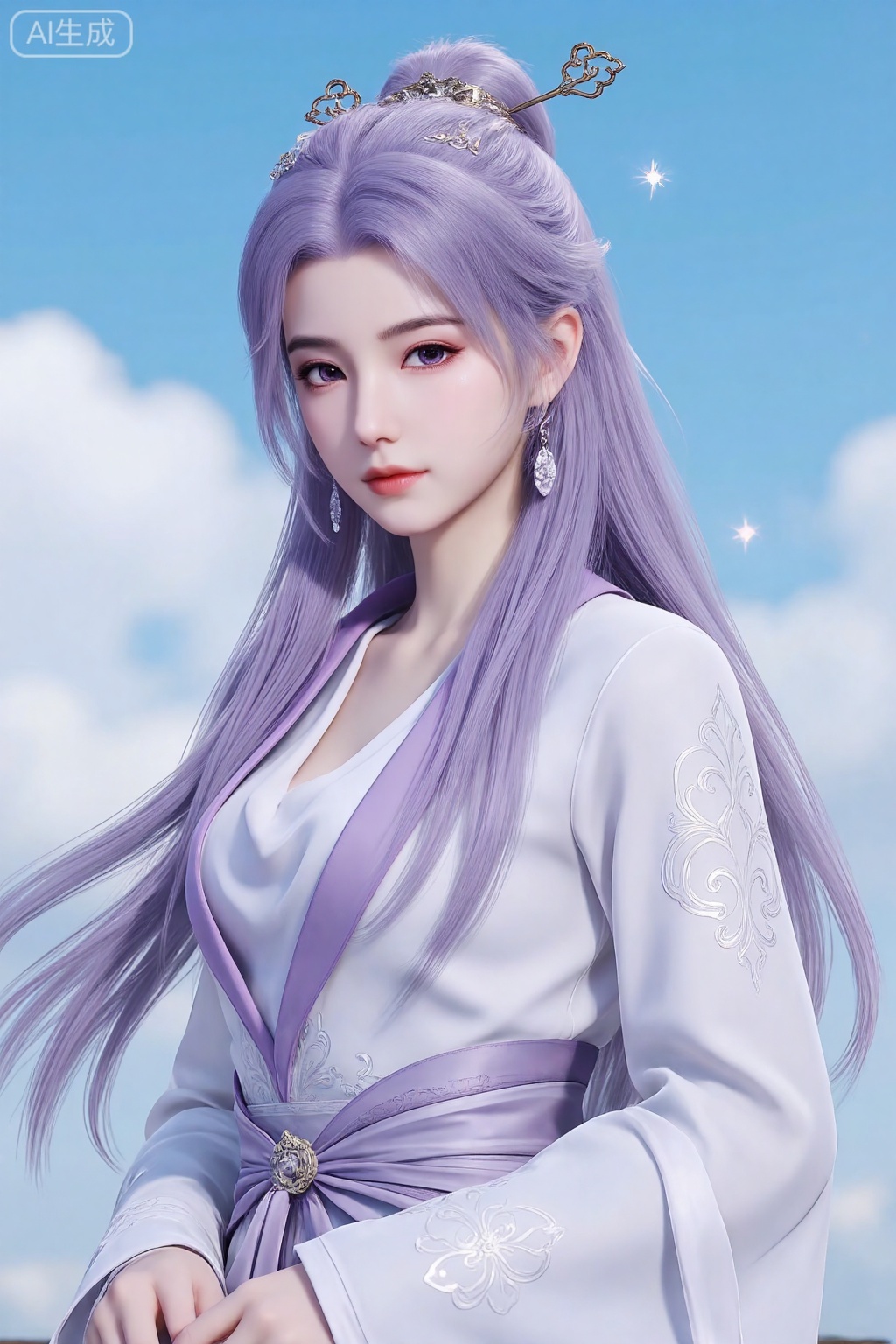 1girl, long hair, solo, jewelry, purple eyes, hair ornament, purple hair, sky, upper body, earrings, sparkle, long sleeves, looking to the side, blue sky, dress, realistic, chinese clothes, tiara, closed mouth