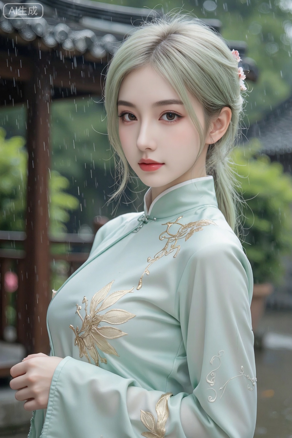 Masterpiece,best quality,ultra-detailed,detailed pupils,photography,high quality,top CG rendering,highest quality,ultra-clear,ultra-detailed,Official Art,Extremely Detailed CG,8k Wallpapers,good figure,HD,game CG, Masterpiece, girl, (apathy), fresh and elegant, (smart eyes), light green curly hair, princess roll, water eyes, water tender skin, red lips, splash ink, golden and brilliant, ((light green clothes, lotus pattern cheongsam)), misty rain, ancient buildings, under heavy rain, there is a canary edge pattern, ultra-high quality, national wind, rain, water, ink, blue and white, A delicate painting, 8k, (portrait), upper body, (staring at the viewer)