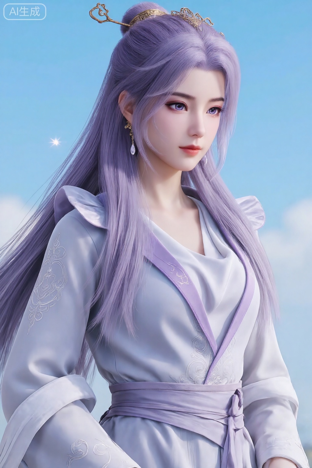 1girl, long hair, solo, jewelry, purple eyes, hair ornament, purple hair, sky, upper body, earrings, sparkle, long sleeves, looking to the side, blue sky, dress, realistic, chinese clothes, tiara, closed mouth