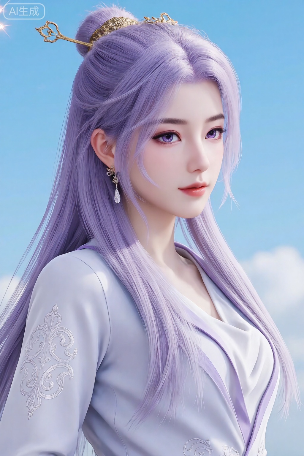 1girl, long hair, solo, jewelry, purple eyes, hair ornament, purple hair, sky, upper body, earrings, sparkle, long sleeves, looking to the side, blue sky, dress, realistic, chinese clothes, tiara, closed mouth