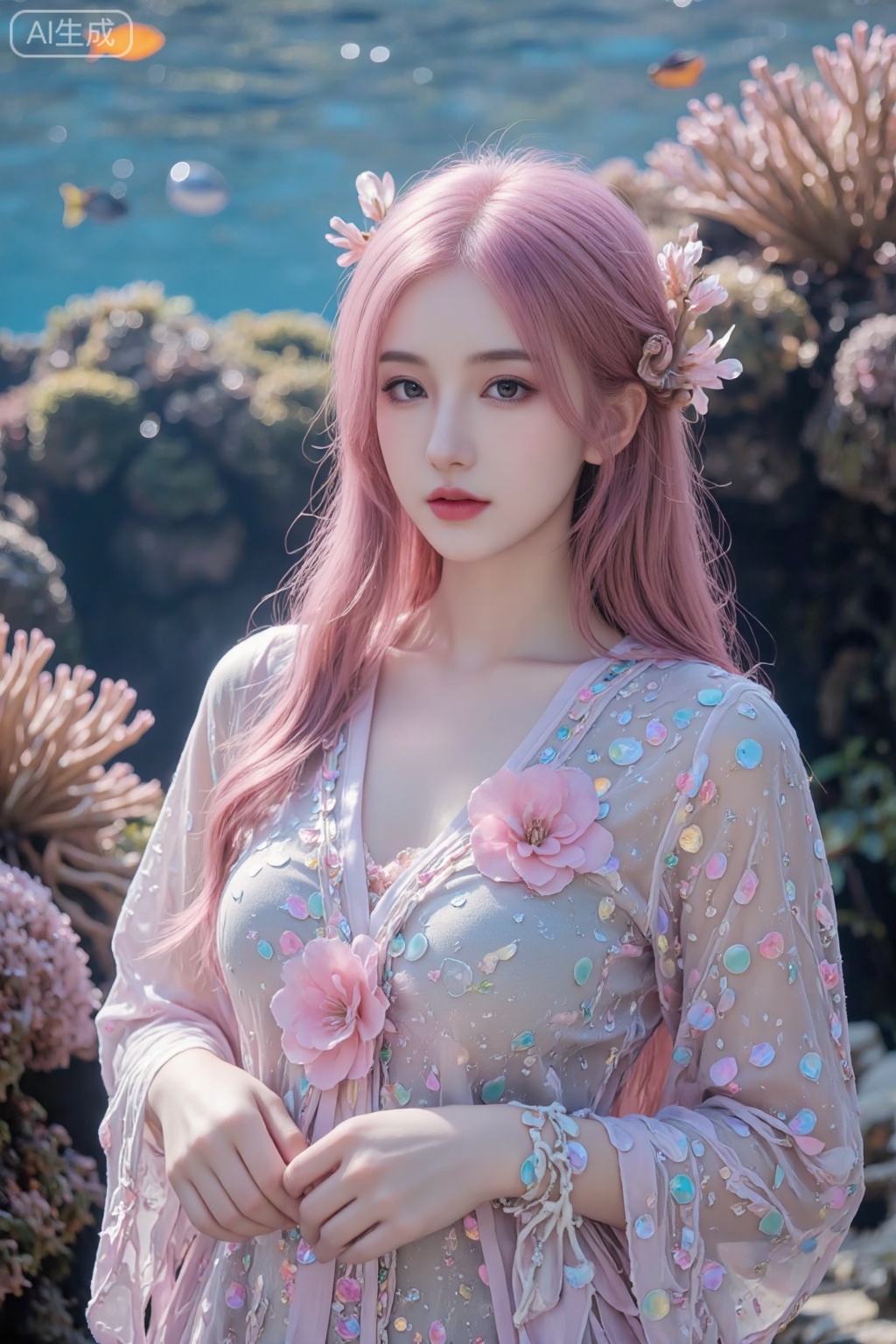 A mesmerizing underwater scene: a single girl stands majestically amidst the vibrant coral reef,  her long hair flowing li...