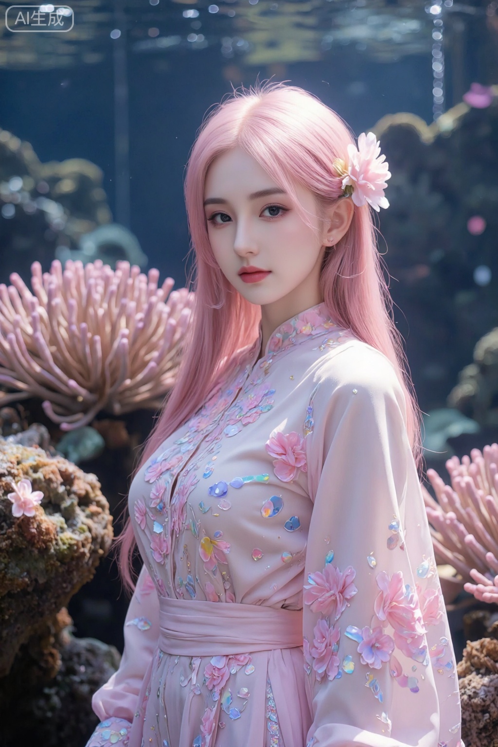 A mesmerizing underwater scene: a single girl stands majestically amidst the vibrant coral reef,  her long hair flowing li...
