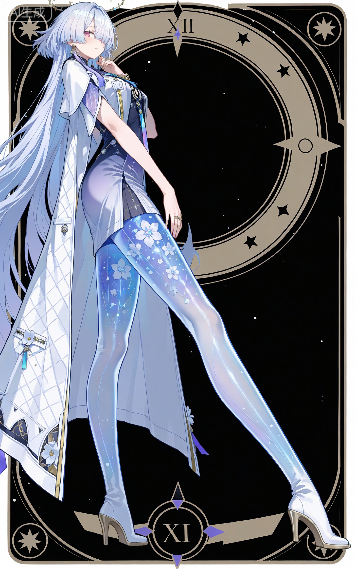 depth of field,masterpiece,best quality,very aesthetic,alternate costume,alternate costume,2024,2023,perfect composition,ultra-detailed,extreme aesthetic,masterpiece,best quality,good quality,newest,year 2024,year 2023,very aesthetic,absurdres,looking_at_viewer,colorful,,
long hair,grey hair,white hair,blunt bangs,mechanical halo,very long hair,hair over one eye,moning white and black short dress,moning gradient dress,moning white coat,moning coat on shoulders,moning sailor collar,moning see through legs,moning high heel boots,white_background,simple background,cover,flowers,art nouveau,traditional media,flower,xiamu,(tarot (medium):1.2),day,shadow,