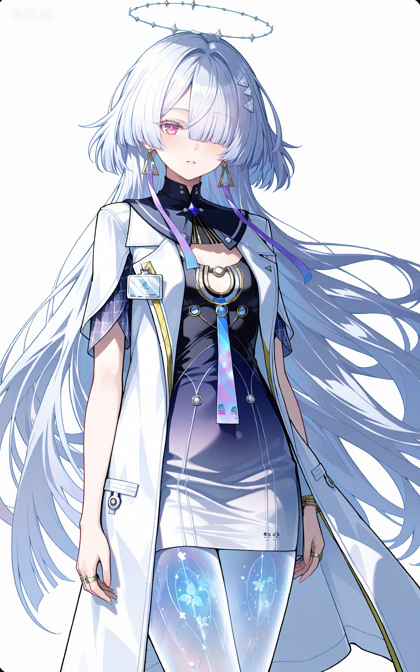 depth of field,masterpiece,best quality,very aesthetic,alternate costume,alternate costume,2024,2023,perfect composition,ultra-detailed,extreme aesthetic,masterpiece,best quality,good quality,newest,year 2024,year 2023,very aesthetic,absurdres,looking_at_viewer,colorful,,
long hair,grey hair,white hair,blunt bangs,mechanical halo,very long hair,hair over one eye,moning white and black short dress,moning gradient dress,moning white coat,moning coat on shoulders,moning sailor collar,moning see through legs,white_background,simple background,cover,flowers,
cover,day,shadow,(cowboy_shot:1.2),