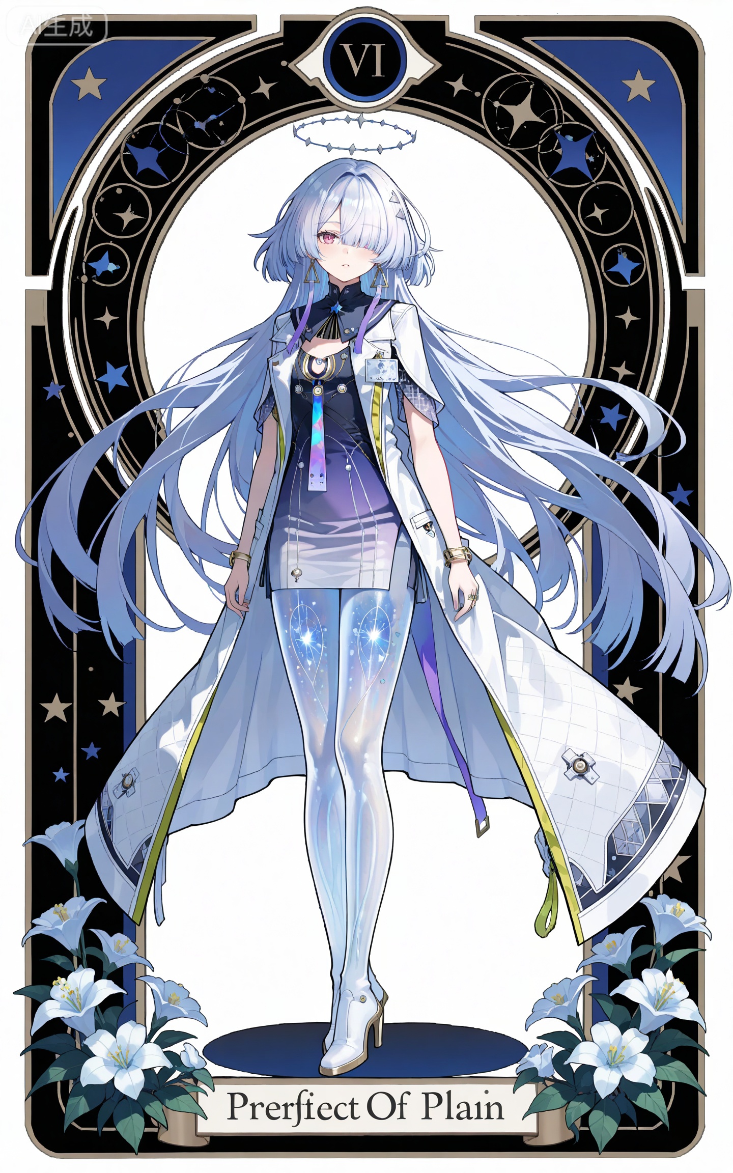 depth of field,masterpiece,best quality,very aesthetic,alternate costume,alternate costume,2024,2023,perfect composition,ultra-detailed,extreme aesthetic,masterpiece,best quality,good quality,newest,year 2024,year 2023,very aesthetic,absurdres,looking_at_viewer,colorful,,
long hair,grey hair,white hair,blunt bangs,mechanical halo,very long hair,hair over one eye,moning white and black short dress,moning gradient dress,moning white coat,moning coat on shoulders,moning sailor collar,moning see through legs,moning high heel boots,white_background,simple background,cover,flowers,art nouveau,traditional media,flower,xiamu,(tarot (medium):1.2),day,shadow,