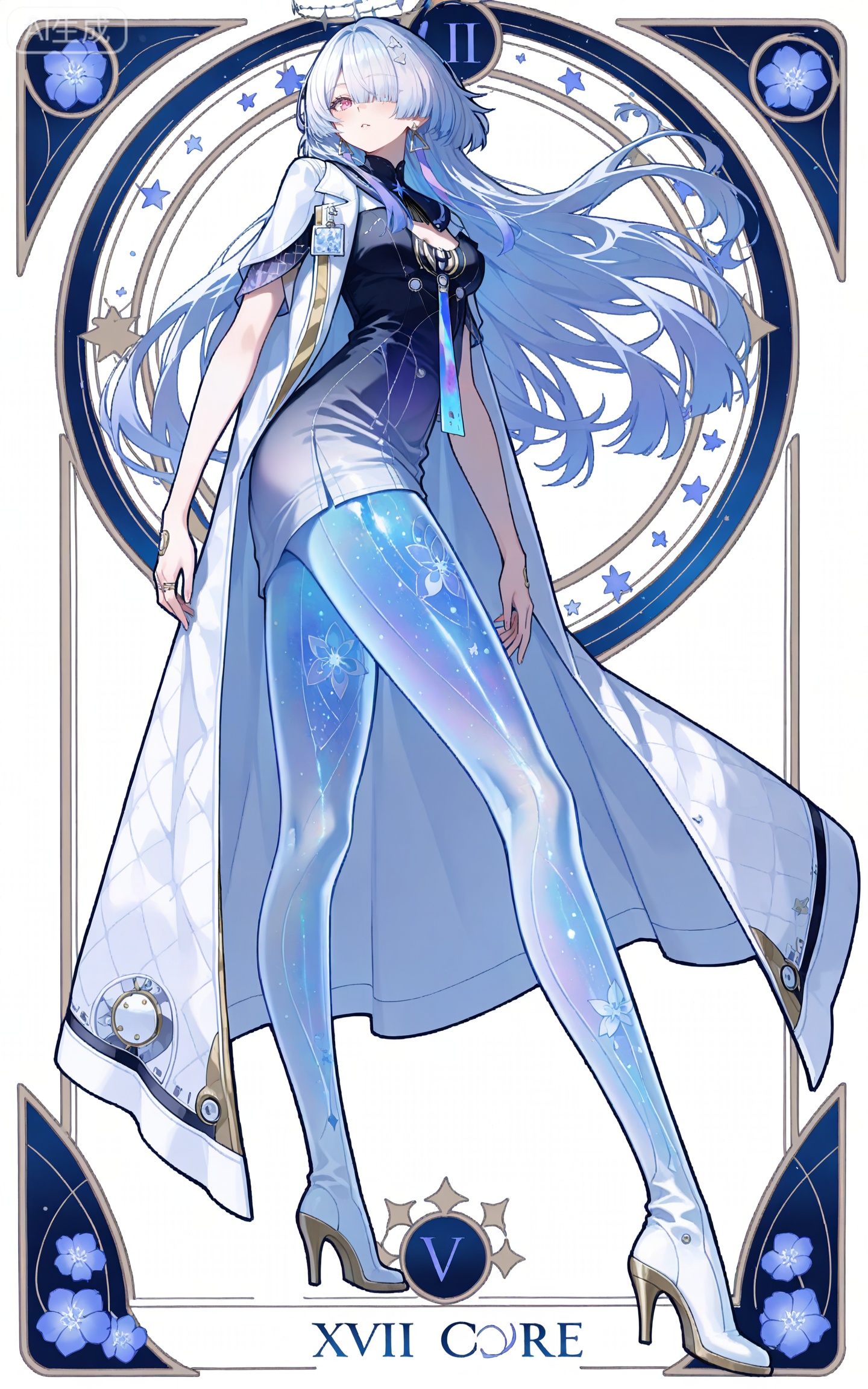 depth of field,masterpiece,best quality,very aesthetic,alternate costume,alternate costume,2024,2023,perfect composition,ultra-detailed,extreme aesthetic,masterpiece,best quality,good quality,newest,year 2024,year 2023,very aesthetic,absurdres,looking_at_viewer,colorful,,
long hair,grey hair,white hair,blunt bangs,mechanical halo,very long hair,hair over one eye,moning white and black short dress,moning gradient dress,moning white coat,moning coat on shoulders,moning sailor collar,moning see through legs,moning high heel boots,white_background,simple background,cover,flowers,art nouveau,traditional media,flower,xiamu,(tarot (medium):1.2),day,shadow,