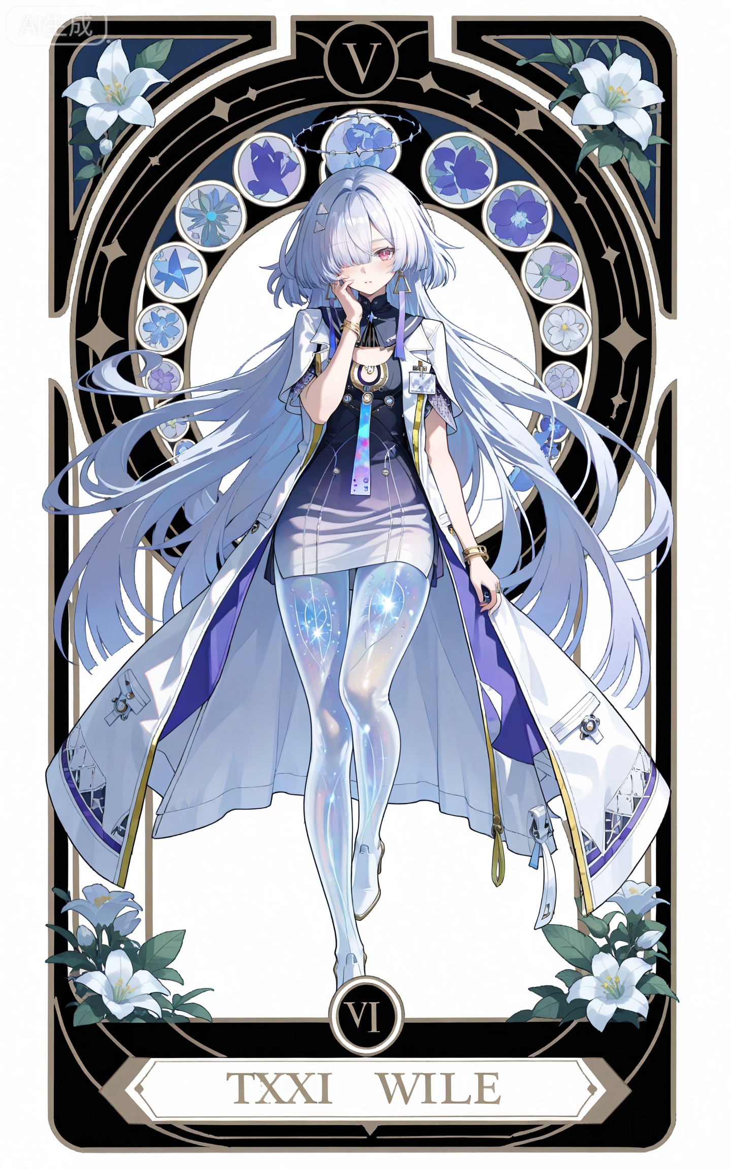 depth of field,masterpiece,best quality,very aesthetic,alternate costume,alternate costume,2024,2023,perfect composition,ultra-detailed,extreme aesthetic,masterpiece,best quality,good quality,newest,year 2024,year 2023,very aesthetic,absurdres,looking_at_viewer,colorful,,
long hair,grey hair,white hair,blunt bangs,mechanical halo,very long hair,hair over one eye,moning white and black short dress,moning gradient dress,moning white coat,moning coat on shoulders,moning sailor collar,moning see through legs,moning high heel boots,white_background,simple background,cover,flowers,art nouveau,traditional media,flower,xiamu,(tarot (medium):1.2),day,shadow,leg up,hand on face,kicking