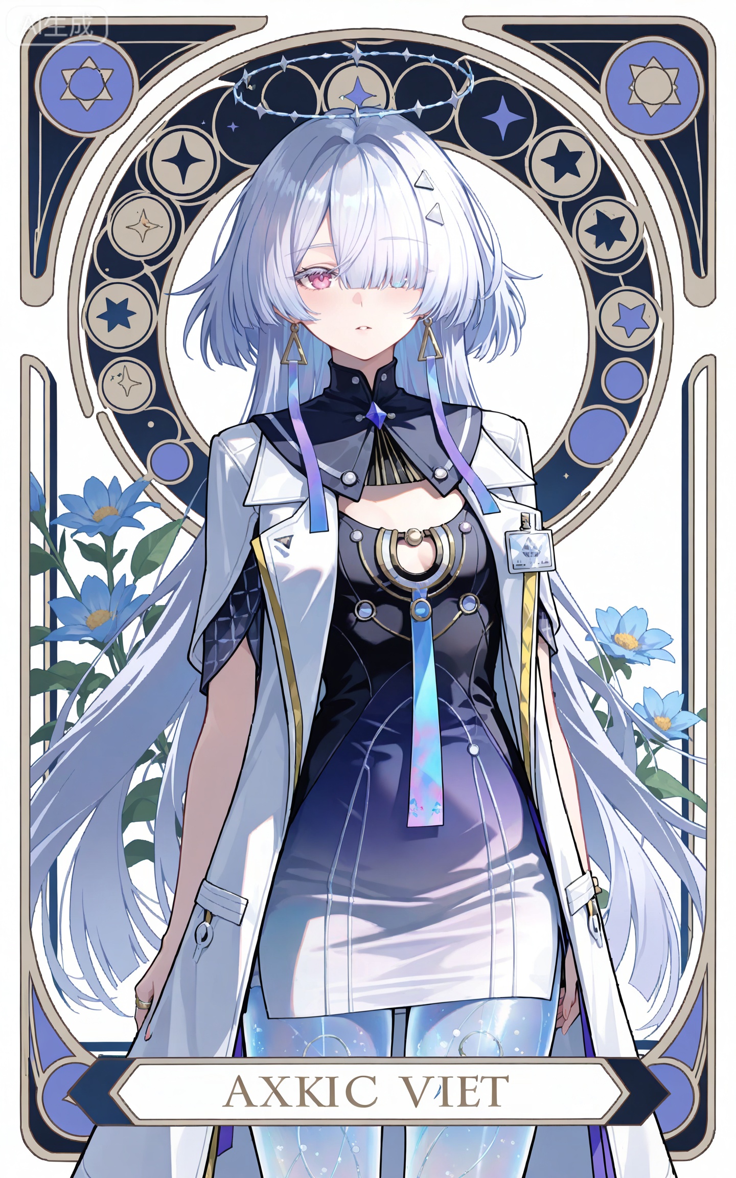 depth of field,masterpiece,best quality,very aesthetic,alternate costume,alternate costume,2024,2023,perfect composition,ultra-detailed,extreme aesthetic,masterpiece,best quality,good quality,newest,year 2024,year 2023,very aesthetic,absurdres,looking_at_viewer,colorful,,
long hair,grey hair,white hair,blunt bangs,mechanical halo,very long hair,hair over one eye,moning white and black short dress,moning gradient dress,moning white coat,moning coat on shoulders,moning sailor collar,moning see through legs,white_background,simple background,cover,flowers,
art nouveau,traditional media,flower,xiamu,(tarot (medium):1.2),day,shadow,(cowboy_shot:1.2),