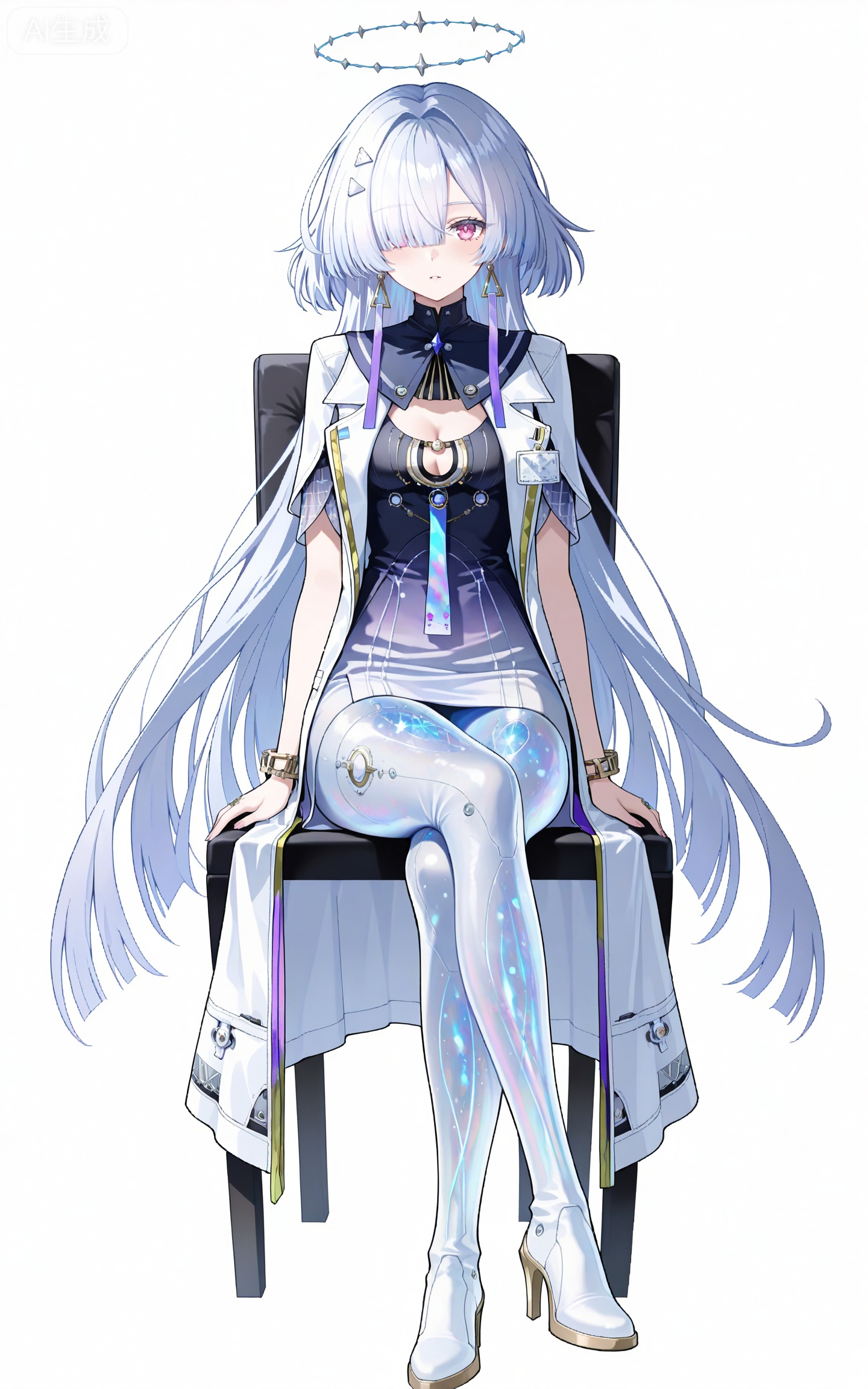 depth of field,masterpiece,best quality,very aesthetic,alternate costume,alternate costume,2024,2023,perfect composition,ultra-detailed,extreme aesthetic,masterpiece,best quality,good quality,newest,year 2024,year 2023,very aesthetic,absurdres,looking_at_viewer,colorful,,long hair,grey hair,white hair,blunt bangs,mechanical halo,very long hair,hair over one eye,moning white and black short dress,moning gradient dress,moning white coat,moning coat on shoulders,moning sailor collar,moning see through legs,moning high heel boots,1girl,solo,full body,jewelry,white background,looking at viewer,bracelet,earrings,hair ornament,simple background,clothing cutout,cleavage cutout,breasts,tachi-e,sitting,crossed_legs,chair,