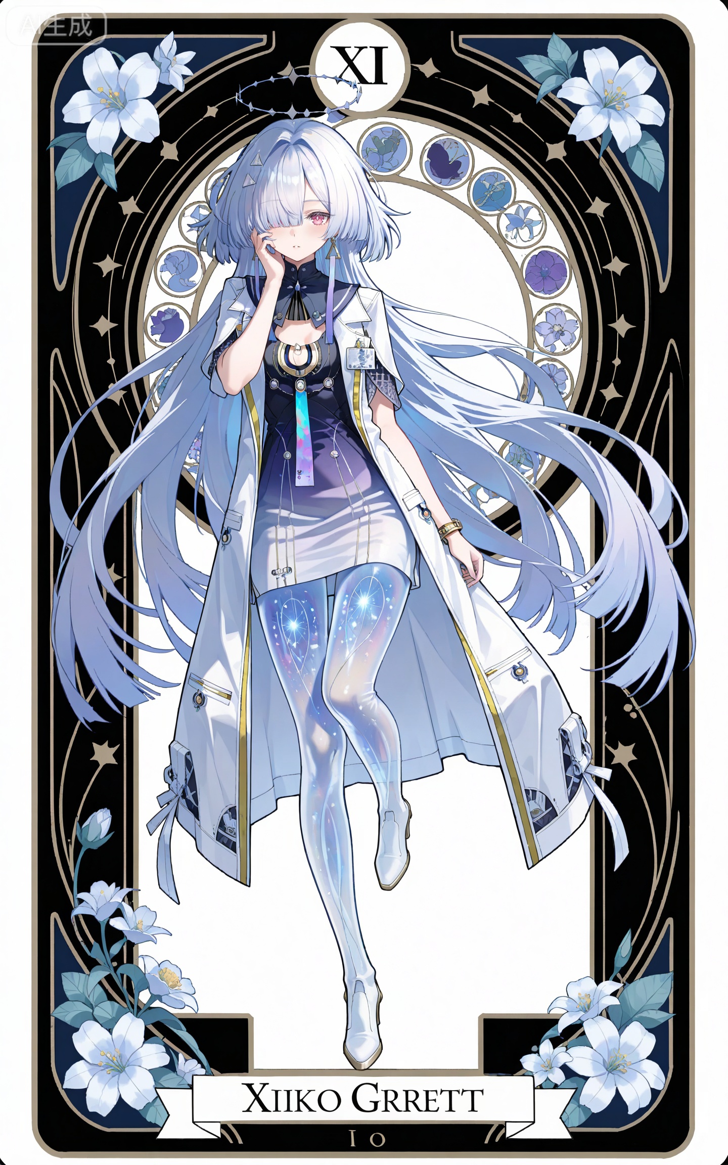 depth of field,masterpiece,best quality,very aesthetic,alternate costume,alternate costume,2024,2023,perfect composition,ultra-detailed,extreme aesthetic,masterpiece,best quality,good quality,newest,year 2024,year 2023,very aesthetic,absurdres,looking_at_viewer,colorful,,
long hair,grey hair,white hair,blunt bangs,mechanical halo,very long hair,hair over one eye,moning white and black short dress,moning gradient dress,moning white coat,moning coat on shoulders,moning sailor collar,moning see through legs,moning high heel boots,white_background,simple background,cover,flowers,art nouveau,traditional media,flower,xiamu,(tarot (medium):1.2),day,shadow,leg up,hand on face,kicking