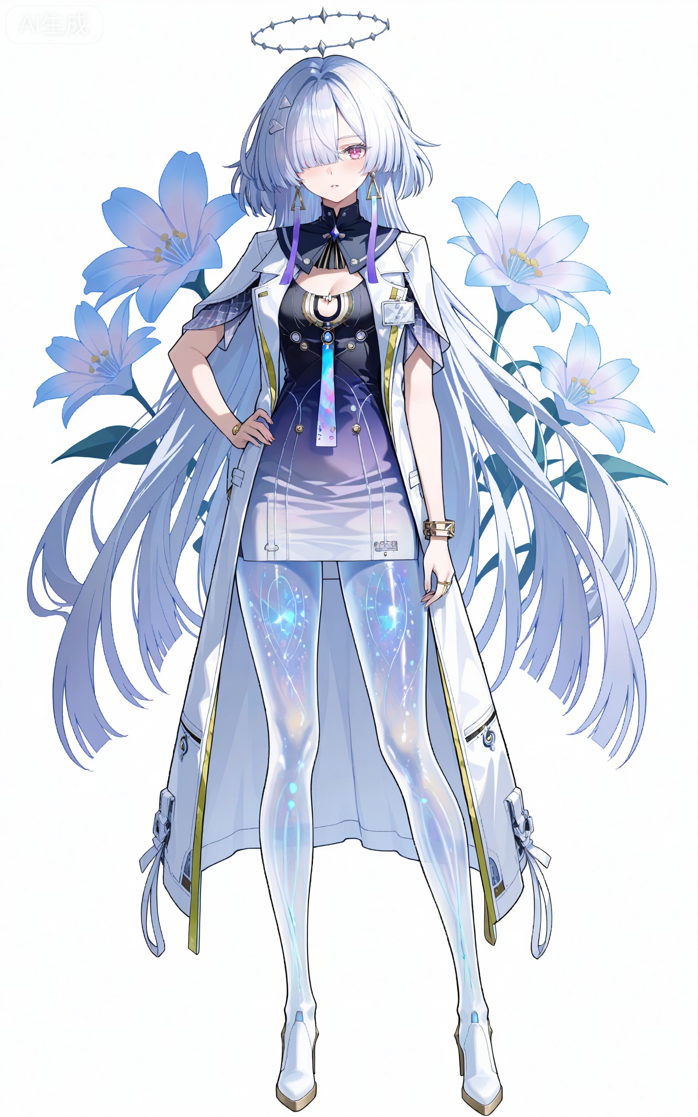 depth of field,masterpiece,best quality,very aesthetic,alternate costume,alternate costume,2024,2023,perfect composition,ultra-detailed,extreme aesthetic,masterpiece,best quality,good quality,newest,year 2024,year 2023,very aesthetic,absurdres,looking_at_viewer,colorful,,long hair,grey hair,white hair,blunt bangs,mechanical halo,very long hair,hair over one eye,moning white and black short dress,moning gradient dress,moning white coat,moning coat on shoulders,moning sailor collar,moning see through legs,moning high heel boots,1girl,solo,full body,jewelry,white background,looking at viewer,bracelet,earrings,hair ornament,simple background,clothing cutout,cleavage cutout,breasts,tachi-e,standing,hand on hip,flower background,