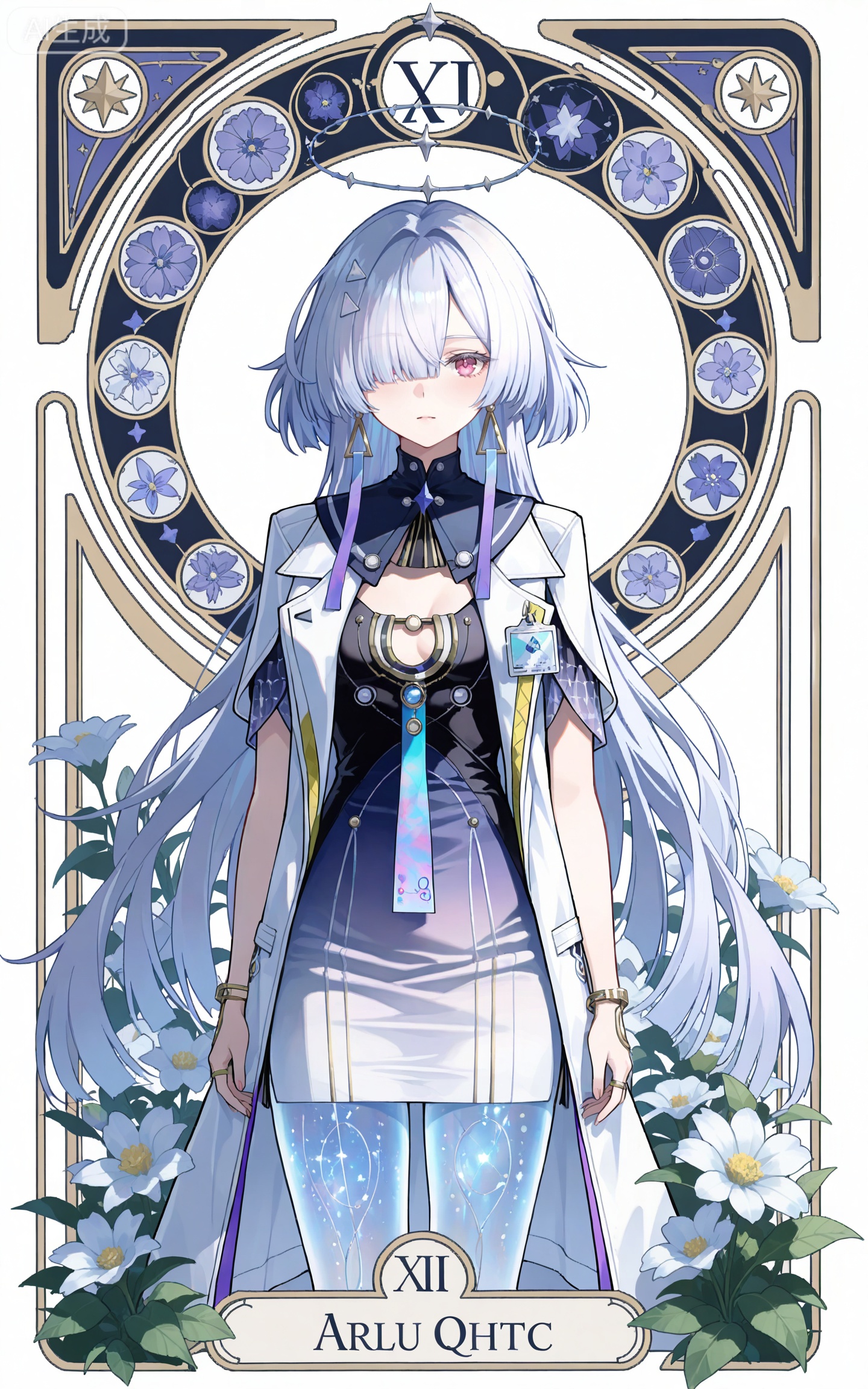 depth of field,masterpiece,best quality,very aesthetic,alternate costume,alternate costume,2024,2023,perfect composition,ultra-detailed,extreme aesthetic,masterpiece,best quality,good quality,newest,year 2024,year 2023,very aesthetic,absurdres,looking_at_viewer,colorful,,
long hair,grey hair,white hair,blunt bangs,mechanical halo,very long hair,hair over one eye,moning white and black short dress,moning gradient dress,moning white coat,moning coat on shoulders,moning sailor collar,moning see through legs,white_background,simple background,cover,flowers,
art nouveau,traditional media,flower,xiamu,(tarot (medium):1.2),day,shadow,(cowboy_shot:1.2),