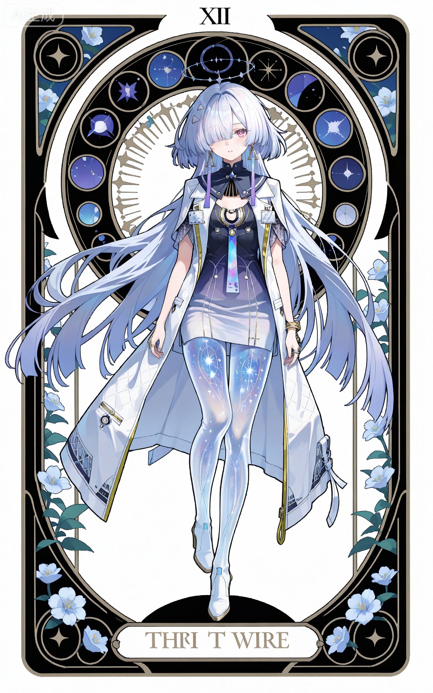 depth of field,masterpiece,best quality,very aesthetic,alternate costume,alternate costume,2024,2023,perfect composition,ultra-detailed,extreme aesthetic,masterpiece,best quality,good quality,newest,year 2024,year 2023,very aesthetic,absurdres,looking_at_viewer,colorful,,
long hair,grey hair,white hair,blunt bangs,mechanical halo,very long hair,hair over one eye,moning white and black short dress,moning gradient dress,moning white coat,moning coat on shoulders,moning sailor collar,moning see through legs,moning high heel boots,white_background,simple background,cover,flowers,art nouveau,traditional media,flower,xiamu,(tarot (medium):1.2),day,shadow,leg up,