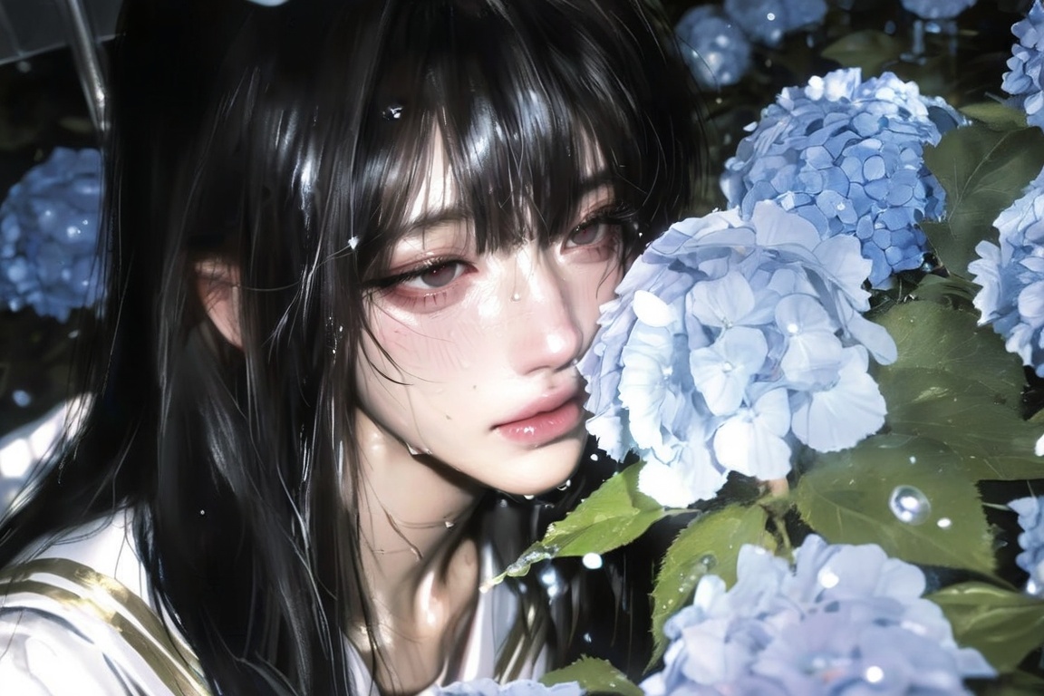 1girl,  solo,  beautiful ethereal anime girl under transparent umbrella in rain on Tensor.Art