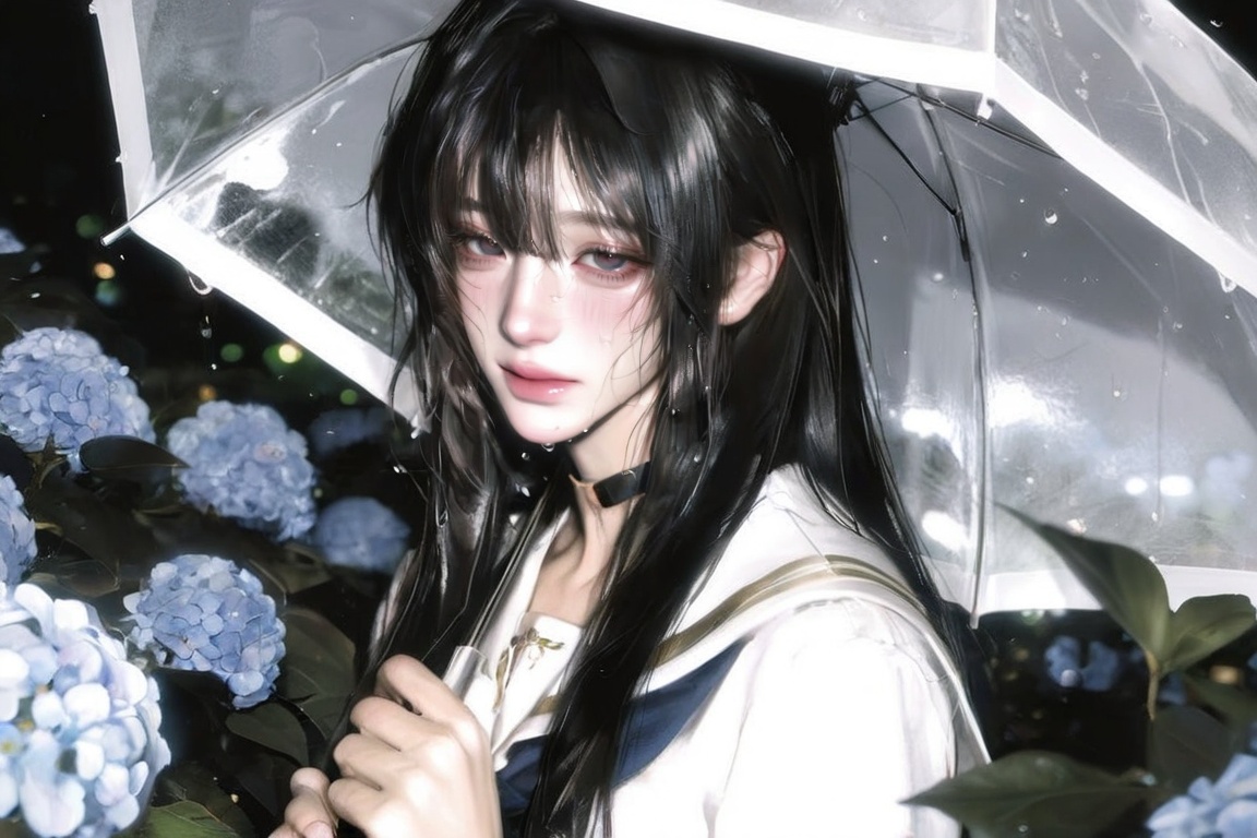1girl,  solo,  beautiful ethereal anime girl under transparent umbrella in rain on Tensor.Art