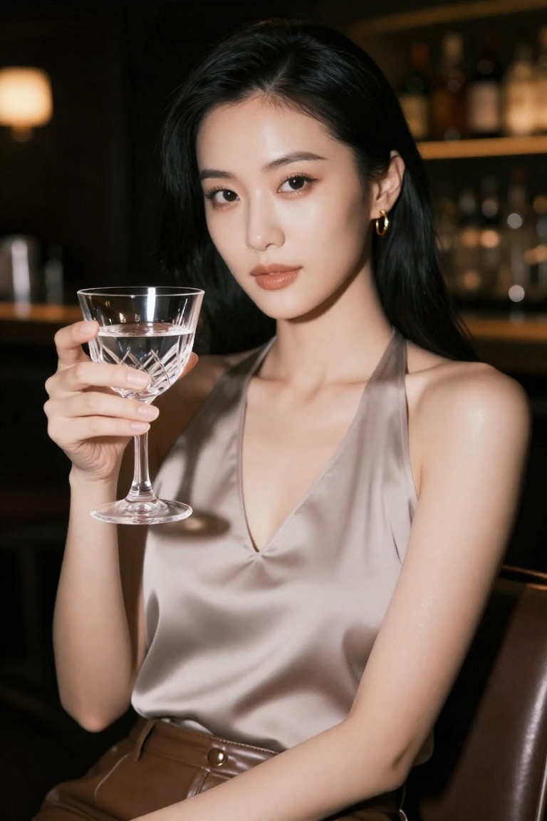 Candid professional photo of a sophisticated woman at a luxury dimly lit jazz bar,  holding a crystal cocktail glass. Wear...