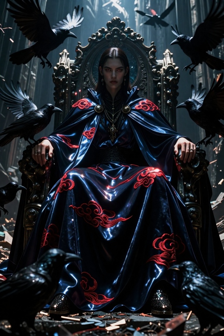 A cinematic low-angle portrait of a stoic,  avant-garde shadow king seated on a massive,  weathered obsidian throne within...
