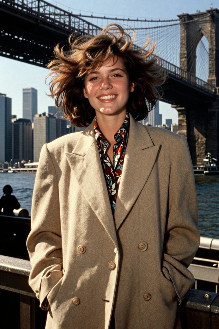 A classic 80s travel photograph of a young beautiful Caucasian woman with voluminous,  wind-swept hair. She is smiling in...